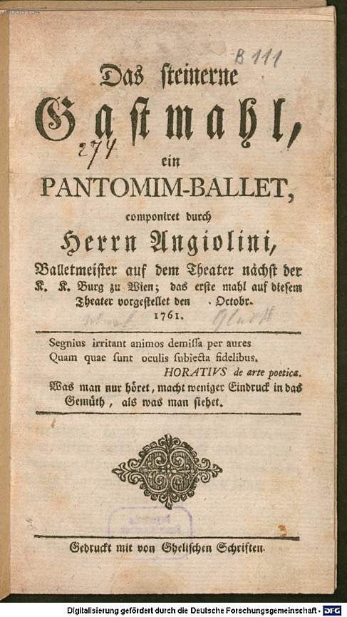 Angiolini, Gasparo / Gluck, Christoph Willibald: Das steinerne Gastmahl, ein Pantomim-Ballet, Libretto, [Wien], [1761], Digitalisierung und Erschließung der Librettosammlung der Bayerischen Staatsbibliothek,
http://daten.digitale-sammlungen.de/~db/0005/bsb00058134/images/, cliquer pour une vue agrandie