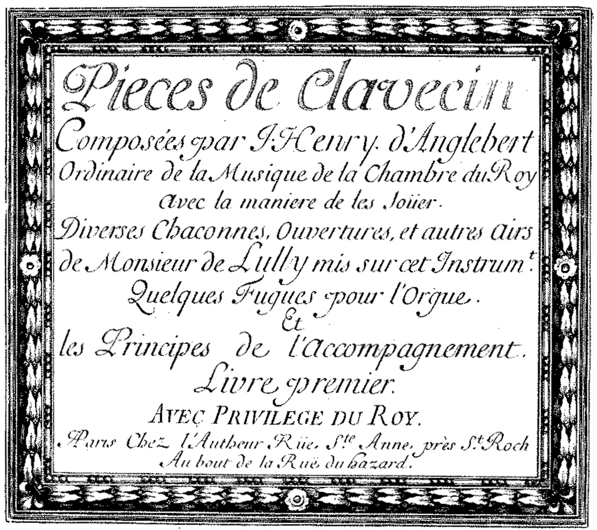 Page de titre des Pièces de clavecin de D'Anglebert (1689)