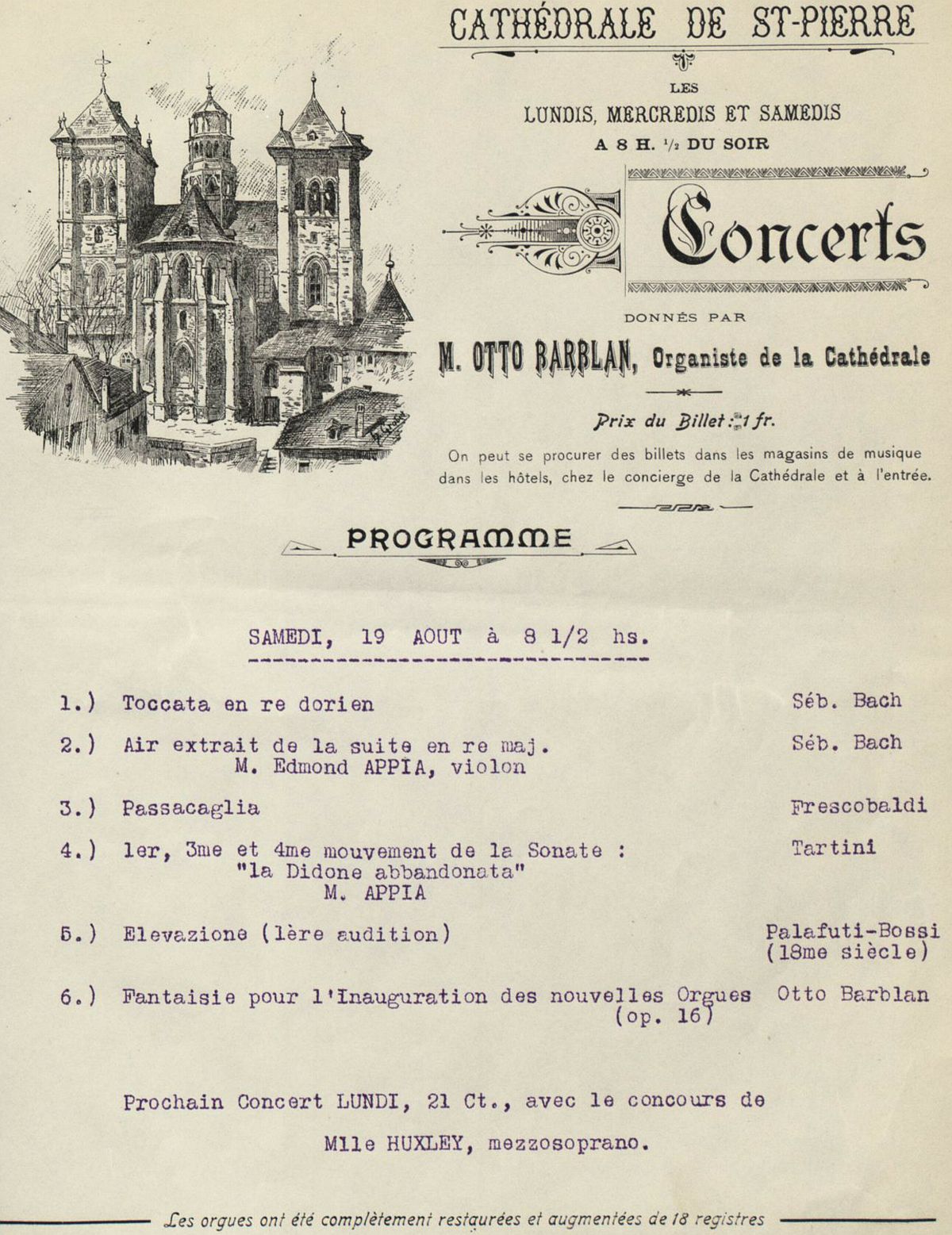 Un concert violon et orgue donné par Otto Barblan, orgue, et Edmond Appia, âgé de 17 ans, Cathédrale de Saint-Pierre, Genève, 19 août 1911, cliquer pour une vue agrandie
