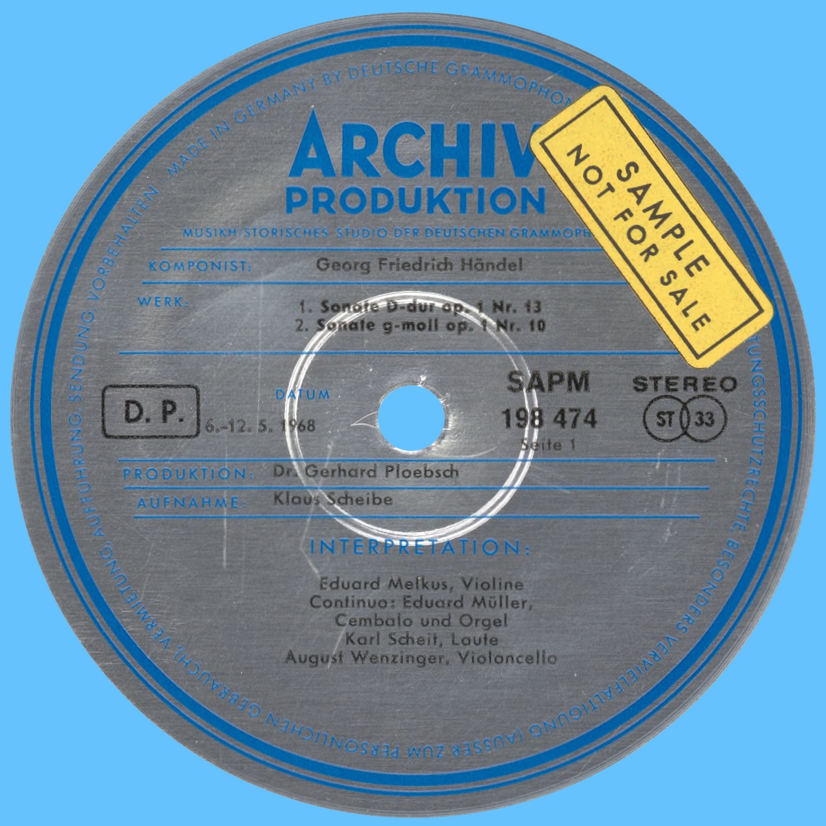 Étiquette recto du premier disque de l'album Archiv Produktion SAPM 198 474/75