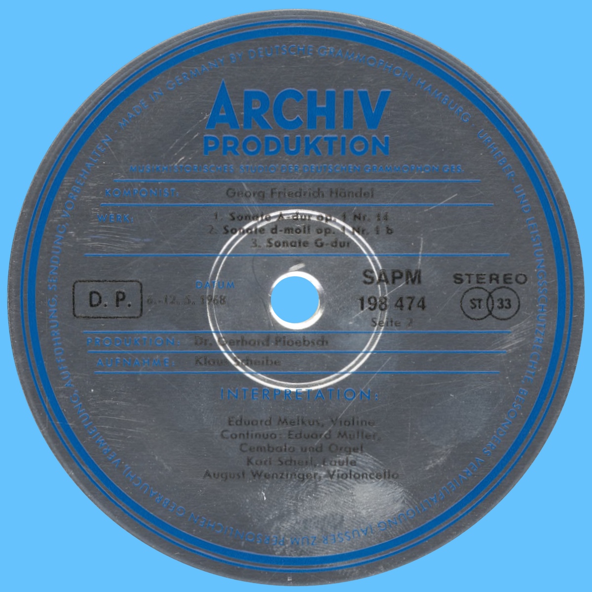 Étiquette verso du premier disque de l'album Archiv Produktion SAPM 198 474/75
