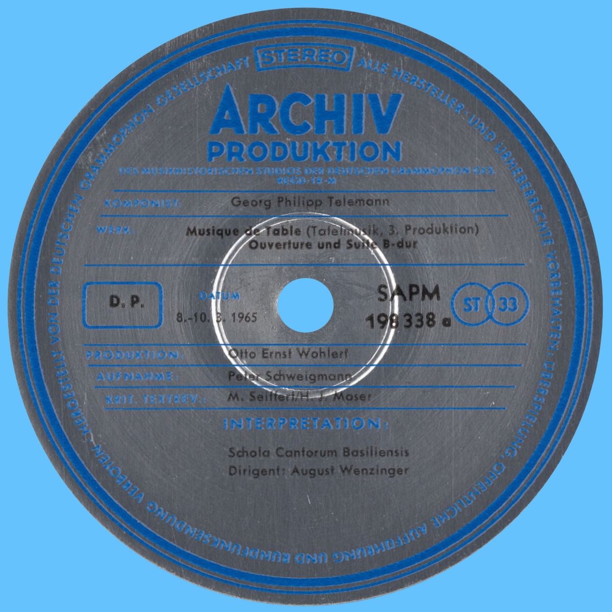 Étiquette recto du premier disque de l'album Archiv Produktion SAPM 198338/39