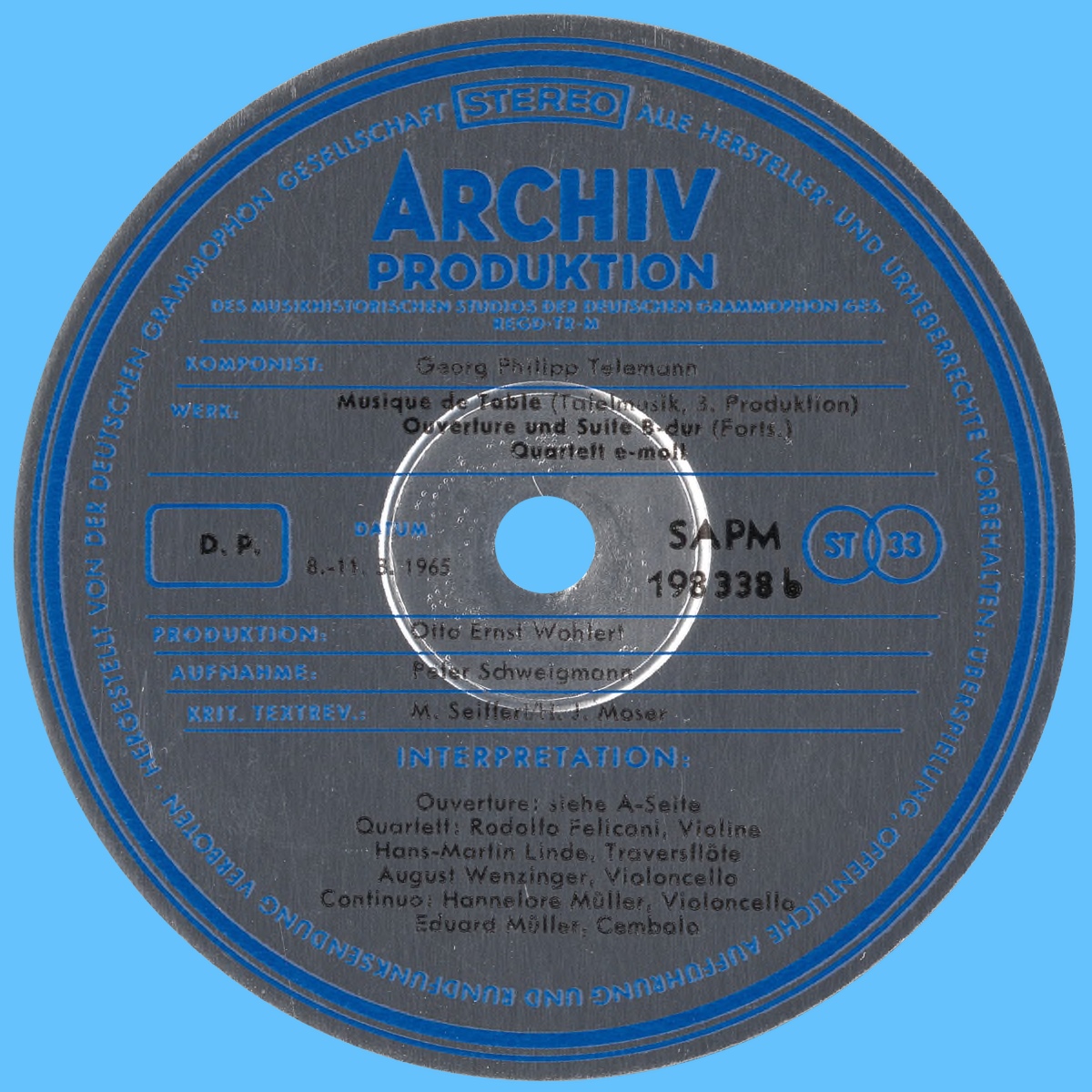 Étiquette verso du premier disque de l'album Archiv Produktion SAPM 198338/39