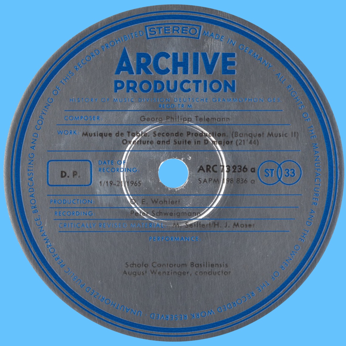 Étiquette recto du premier disque de l'album Archiv Produktion SAPM 198836-37