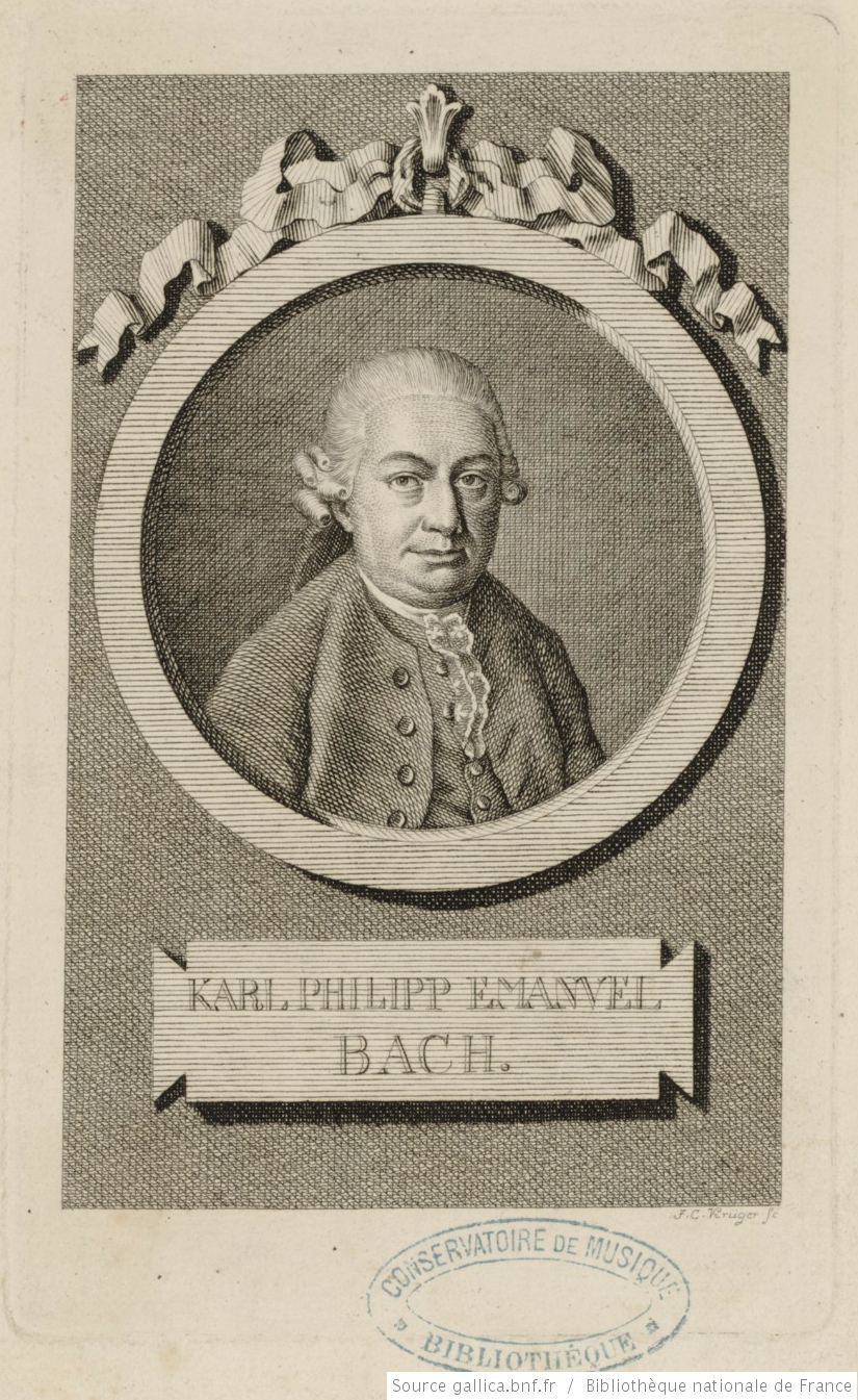 Carl Philipp Emanuel Bach, Auteur: Krüger, Johann Conrad (1733-1791), graveur. Date d'édition: 17??, Format: 1 eau-forte; 17 x 10,5 cm, Droits: domaine public, Identifiant: ark:/12148/btv1b8415488m, Source: Bibliothèque nationale de France, cliquer pour voir l'original