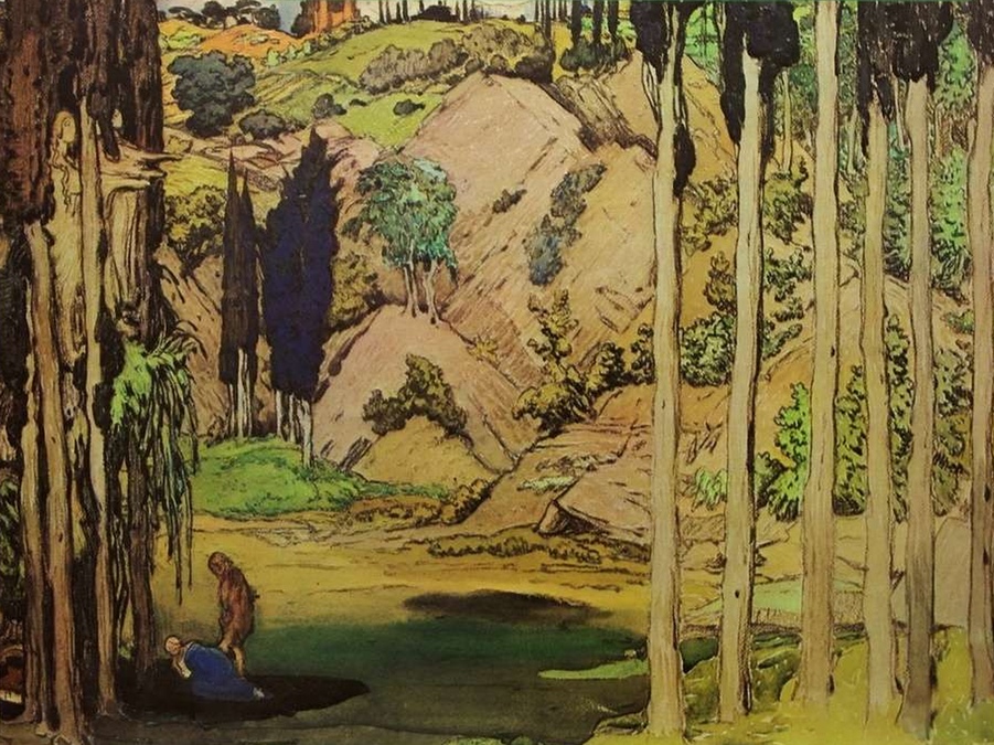 Léon BAKST, extrait d'un décor réalisé pour Daphnis et Chloe de Maurice Ravel