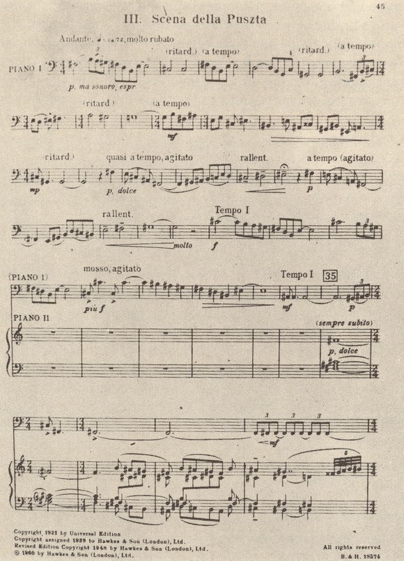 Béla Bartók, 3e mouvement de la suite No 2, la mélodie solo en imitation du tárogató, d'après la publication Boosey and Hawkes de la transcription pour deux pianos (1941)