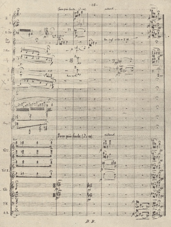 Béla Bartók, Suite No 2, les dernières mesures du second mouvement avec les corrections manuscrites du compositeur, publié à titre privé en 1907 en préparation de l'édition Universal de 1921, document des archives Bartók, Budapest, publié dans le livret de l'album Hungaroton SLXP 11355