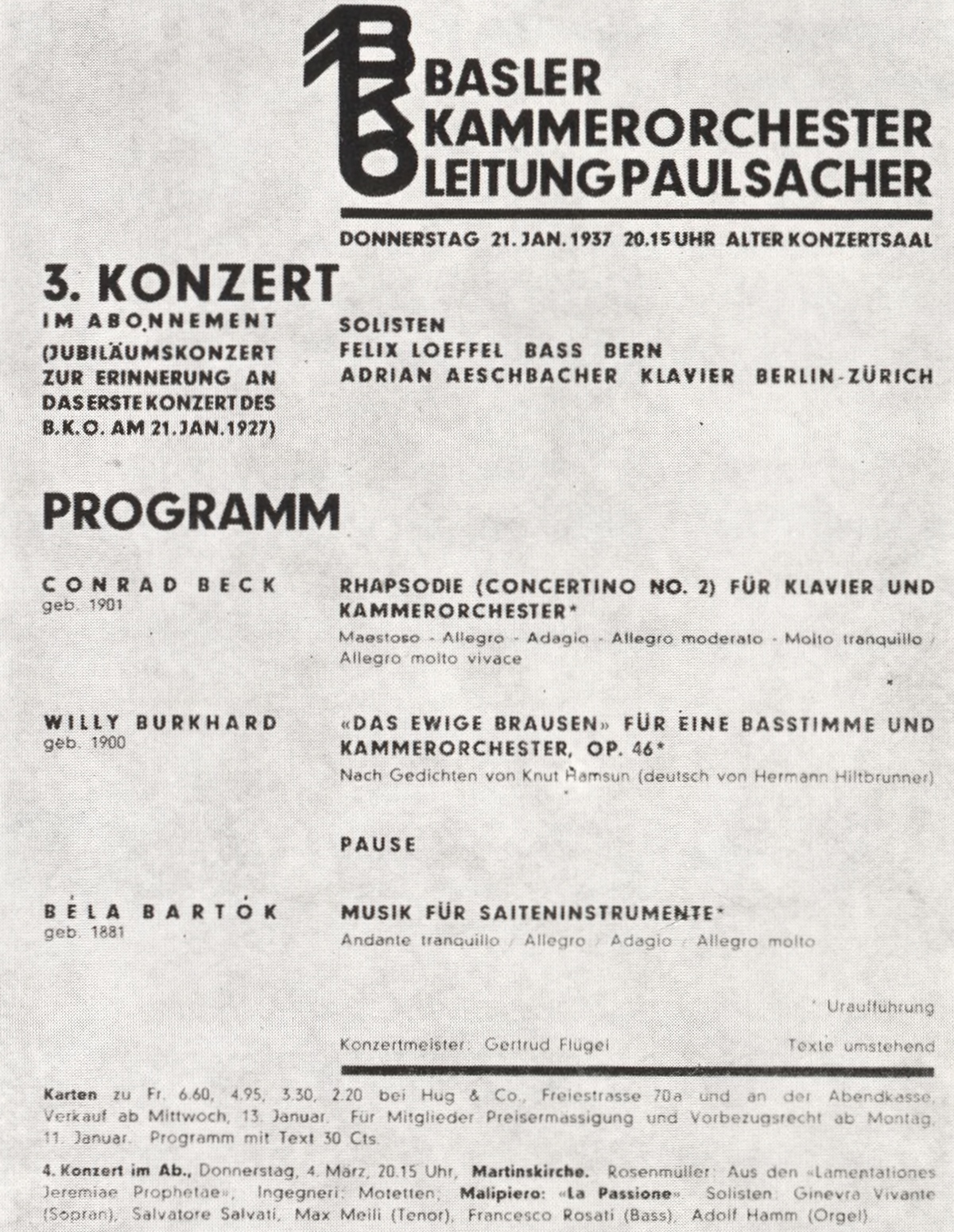 Affiche du concert donné à Bâle avec la première audition de la Musique pour cordes, percussion et célesta