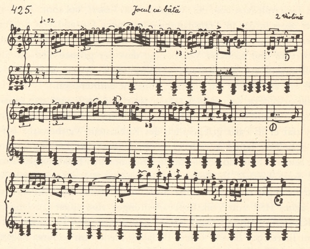 Le début de la notation de la danse qui inspira le premier mouvement des Danses Populaires Roumaines. Bartók a noté la mélodie en 1912 après l'avoir entendue jouée par deux violonistes tziganes roumains de Marmaros