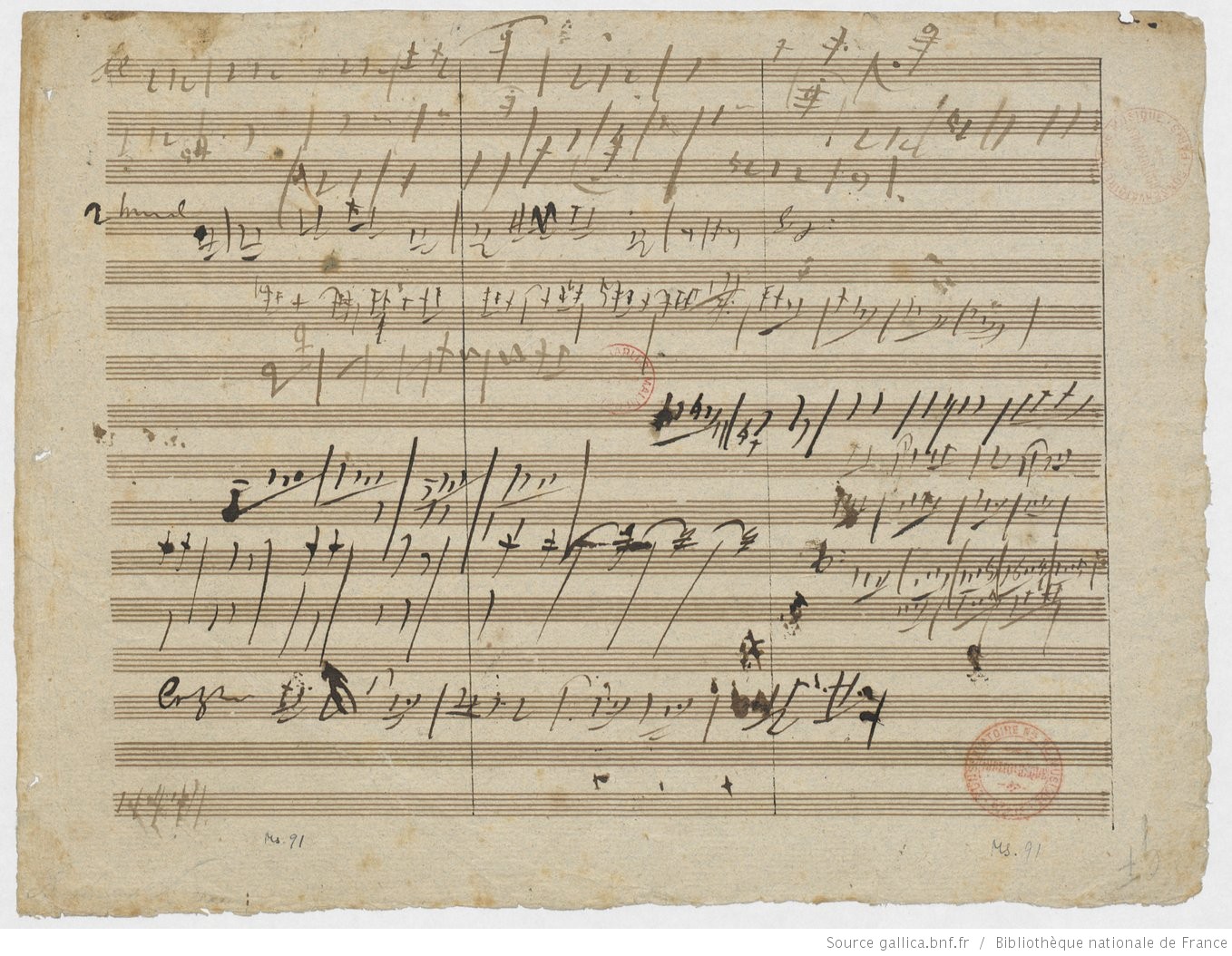 Esquisse de l'ouverture pour le König Stephan, op. 117, manuscrit autographe de Ludwig van Beethoven, 1811, Fragment du même carnet d'esquisses que F-Pn Ms. 86, Ms. 88 et Ms. 92. - Esquisses à l'encre. - Datation d'après Unger: été 1811. - Papier réglé à 16 portées de 6 x 256 mm par page (intervalle entre les portées: 6 ou 7 mm). Droits: domaine public, Identifiant: ark:/12148/btv1b55002533v, Source:  Bibliothèque nationale de France, département Musique, MS-91, cliquer pour une voir l'original
