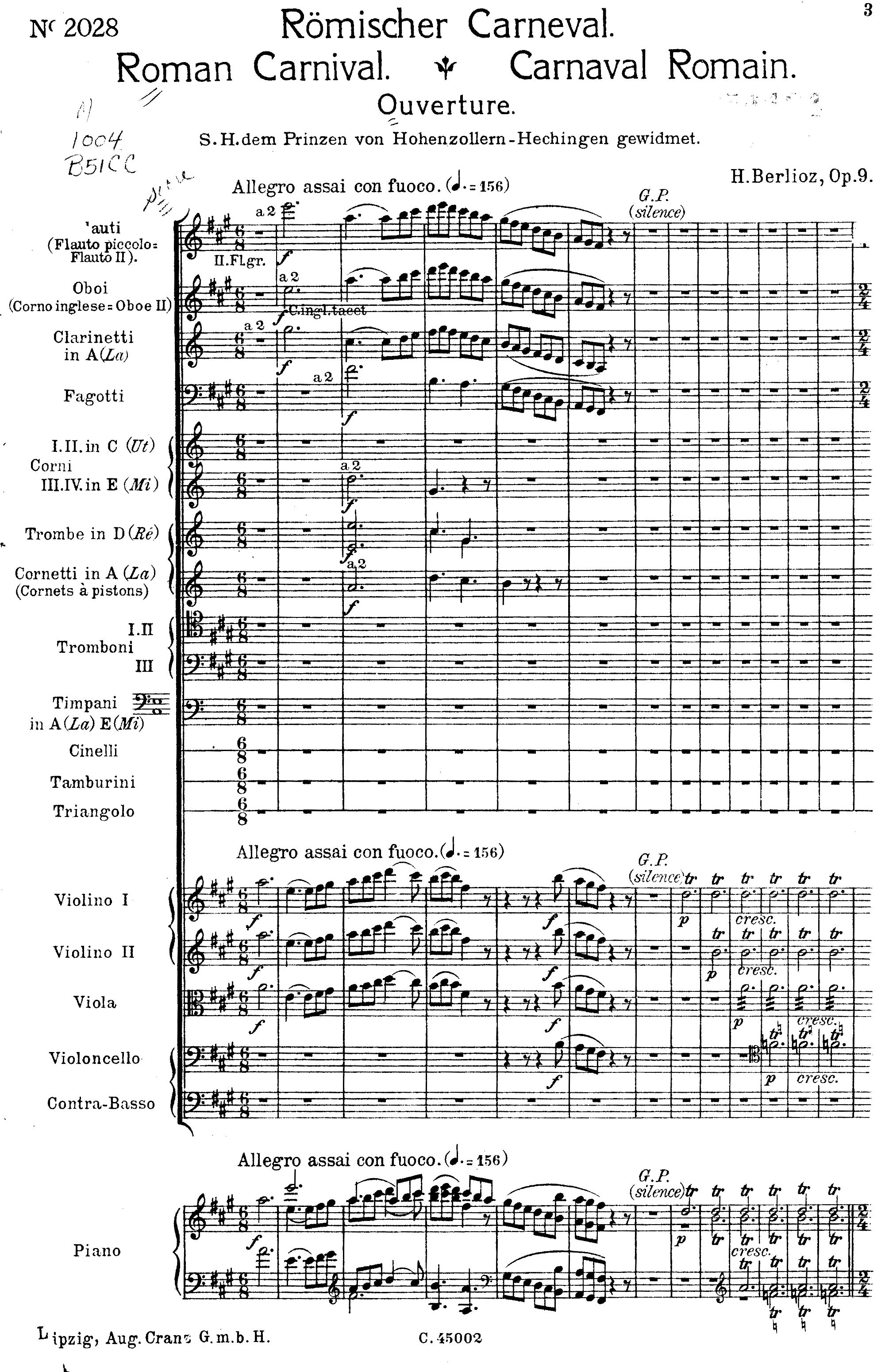 Première page de la partition du Carnaval Romain, édition Leipzig: A. Cranz, n.d.(ca.1915). Plate C. 45002, avec au bas une réduction pour piano