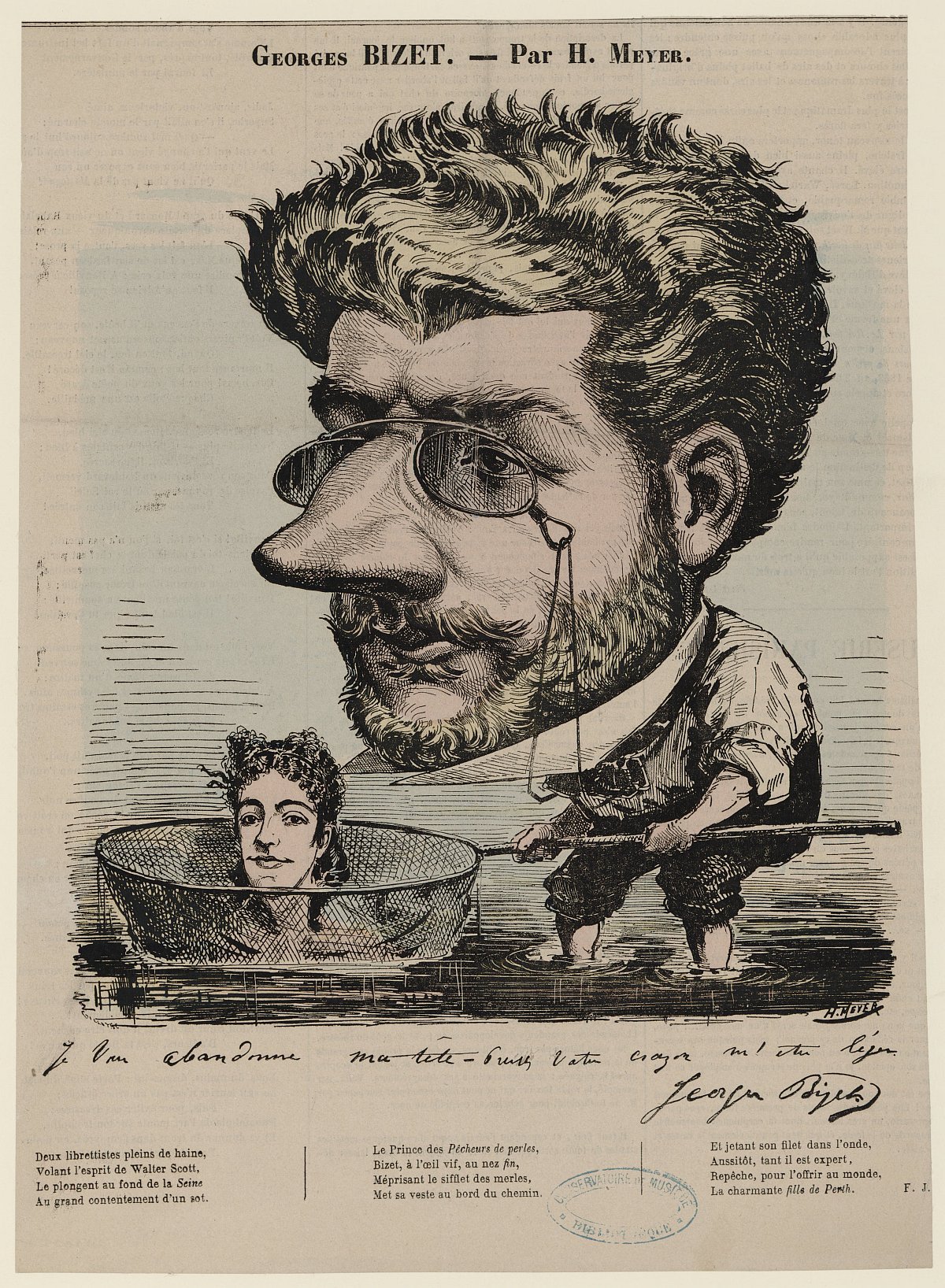 Georges Bizet, Caricature de Henri Meyer (1844-1899), Graveur, Bizet repêchant 
