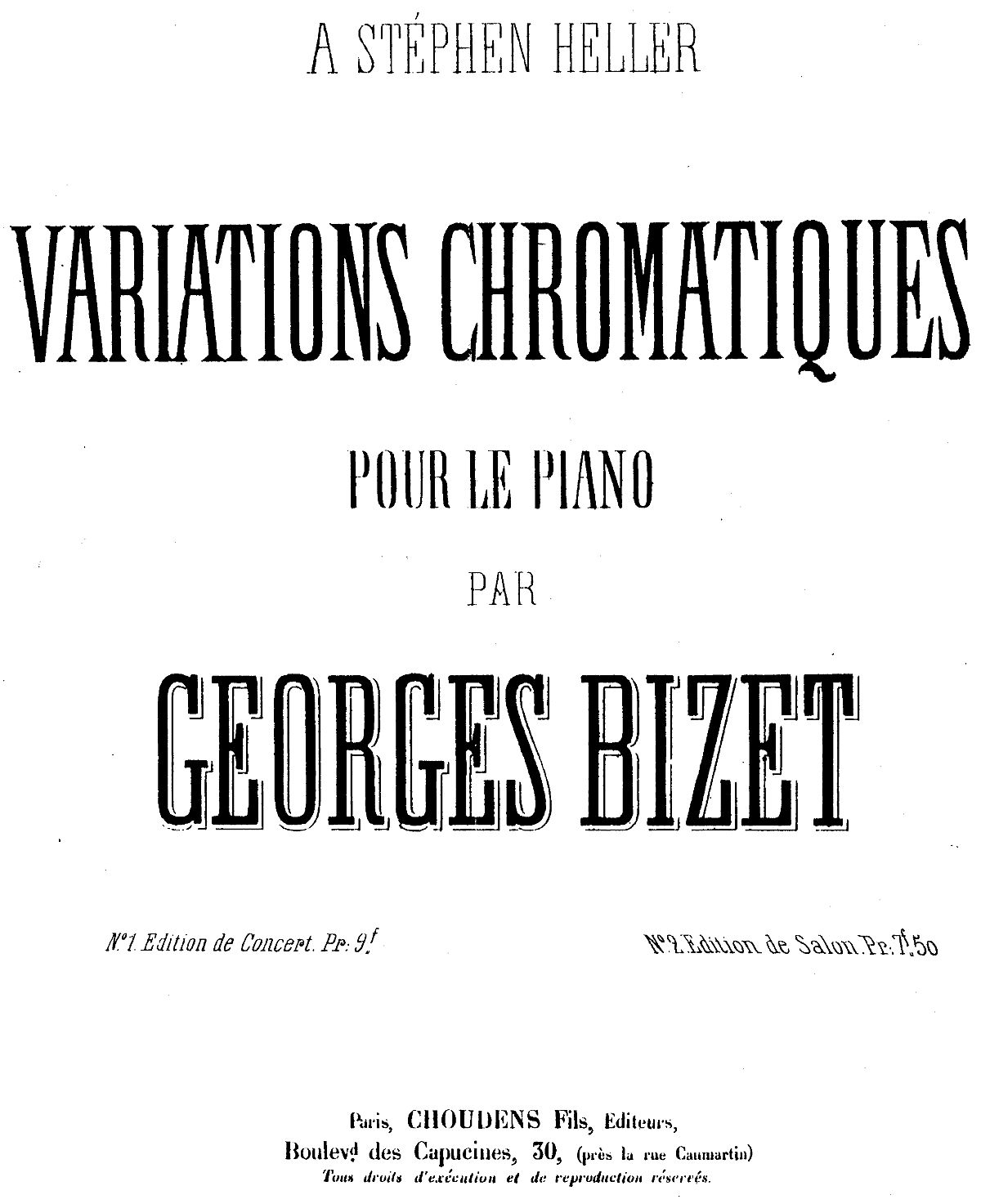 Georges Bizet, Variations Chromatiques, page de couverture de la partition Ed. Paris: Choudens Fils, n.d. Plate A.C. 4639, IMSLP, cliquer pour une vue agrandie
