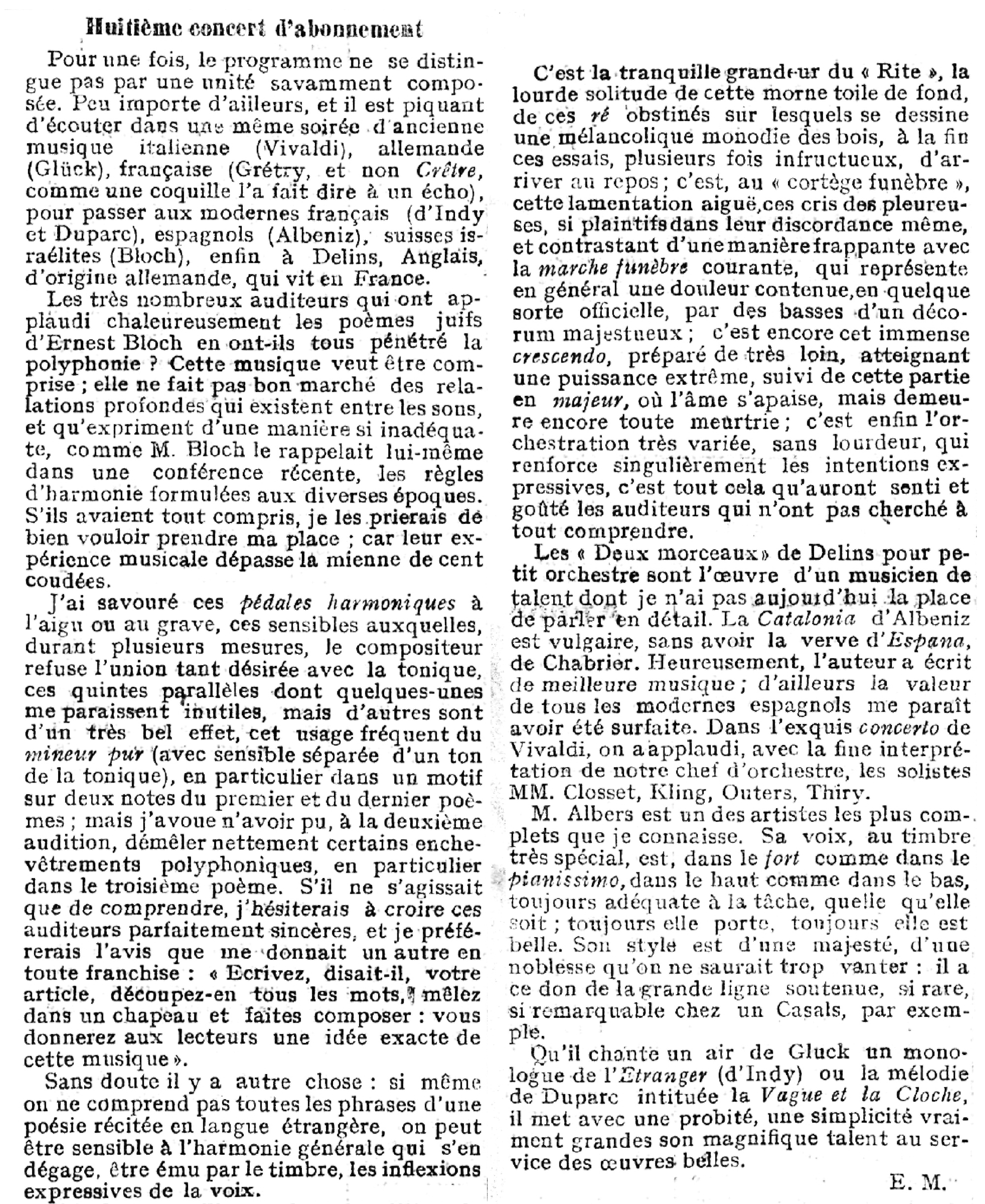 Ernest Bloch, Les trois poèmes juifs, compte-rendu publié dans le Journal de Genève du 3 mars 1914, en page 5