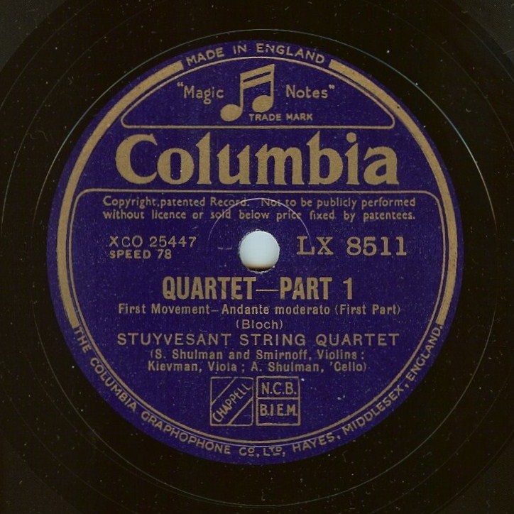 Étiquette d'un des disques 78tours Columbia LX 934--939 (Masterworks Set No. 298) / LX 8511--8516