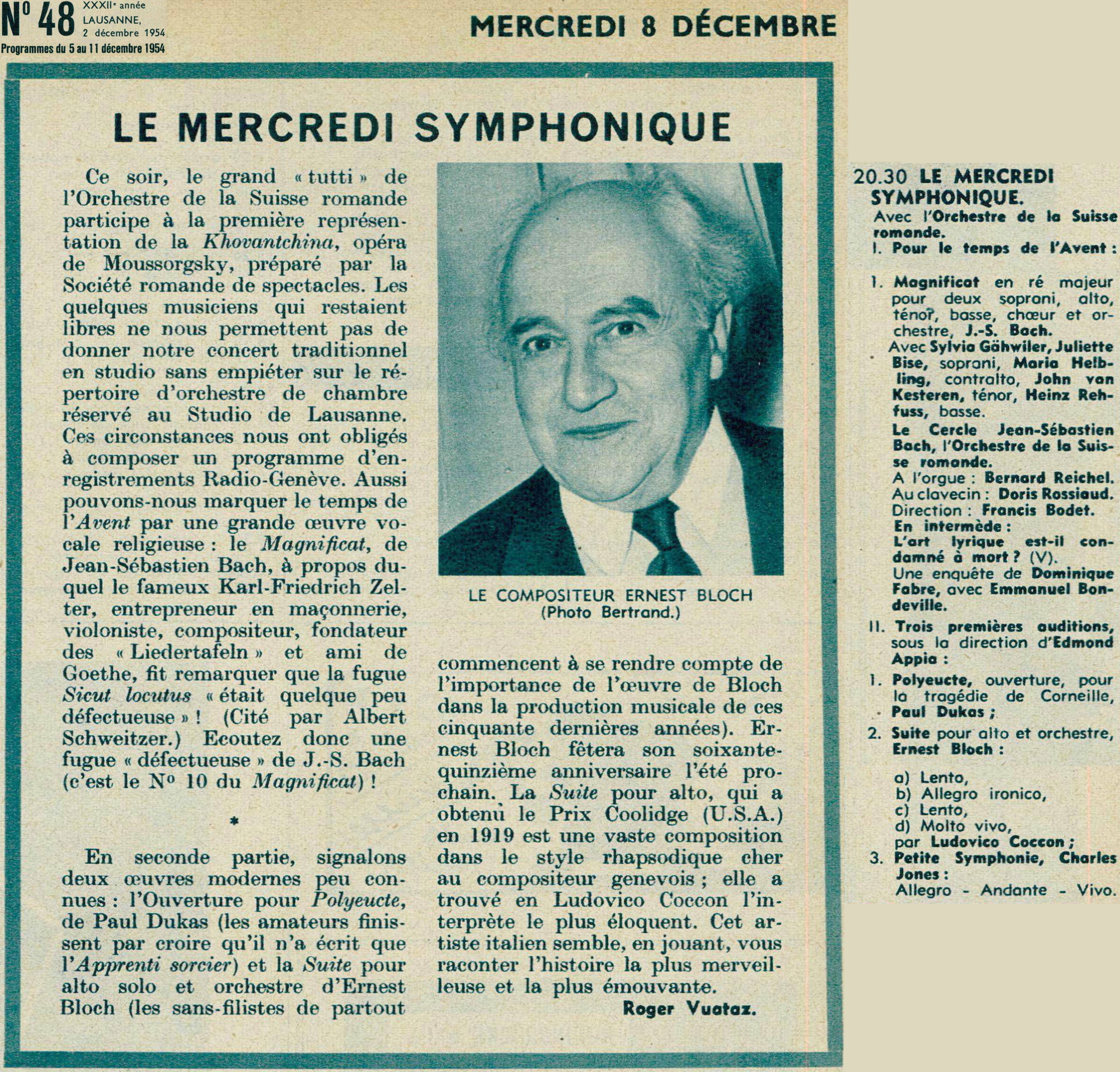 „Le Mercredi Symphonique“ du 8 décembre 1954, montage d'extraits de la revue „RADIO Je vois tout“ du 2 décembre 1954