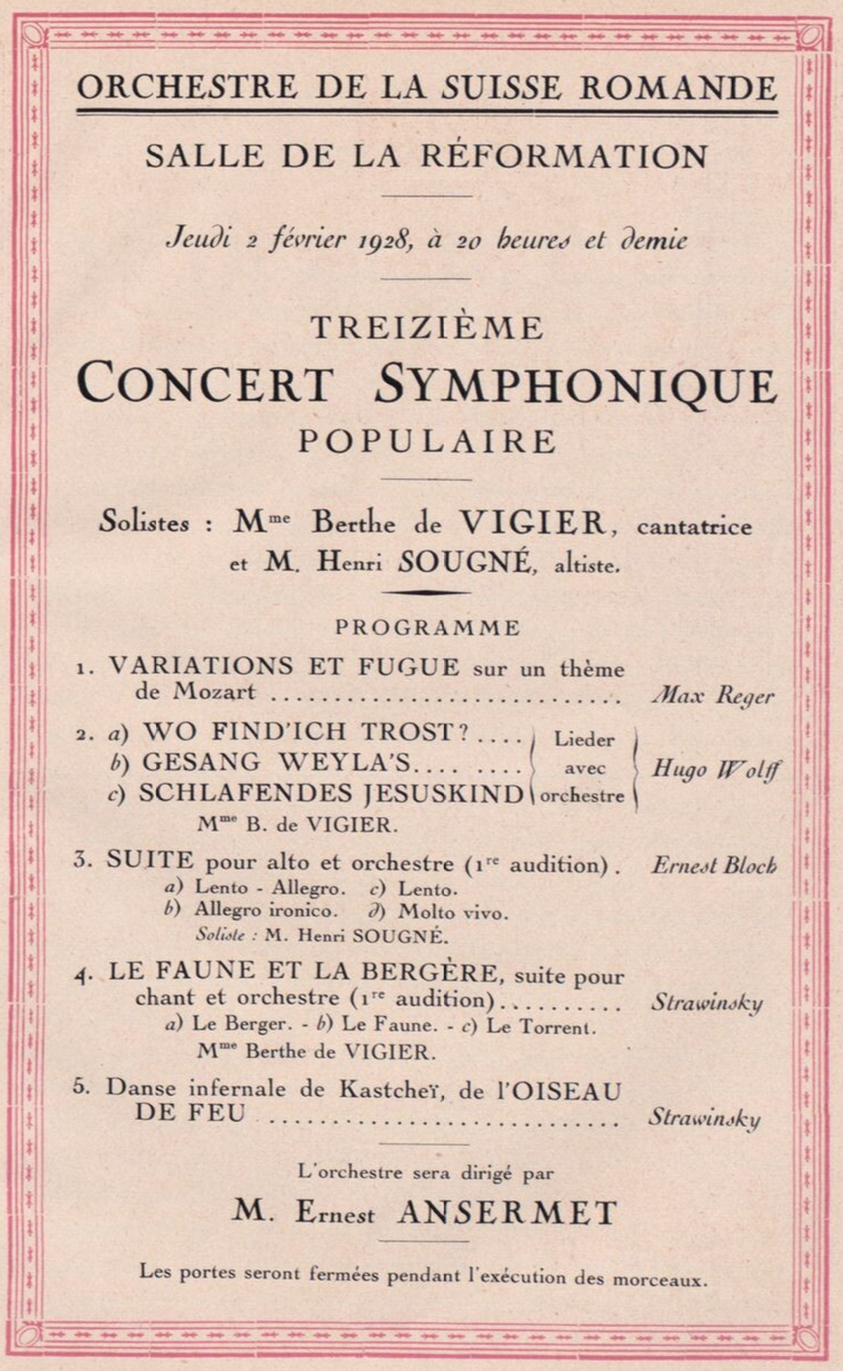 Brochure programme du concert de l'OSR dirigé par Ernest Ansermet, 2 février 1928, page de couverture, cité de la page https://onstage.rism.digital/source/CH_Gc_prg_14-1181