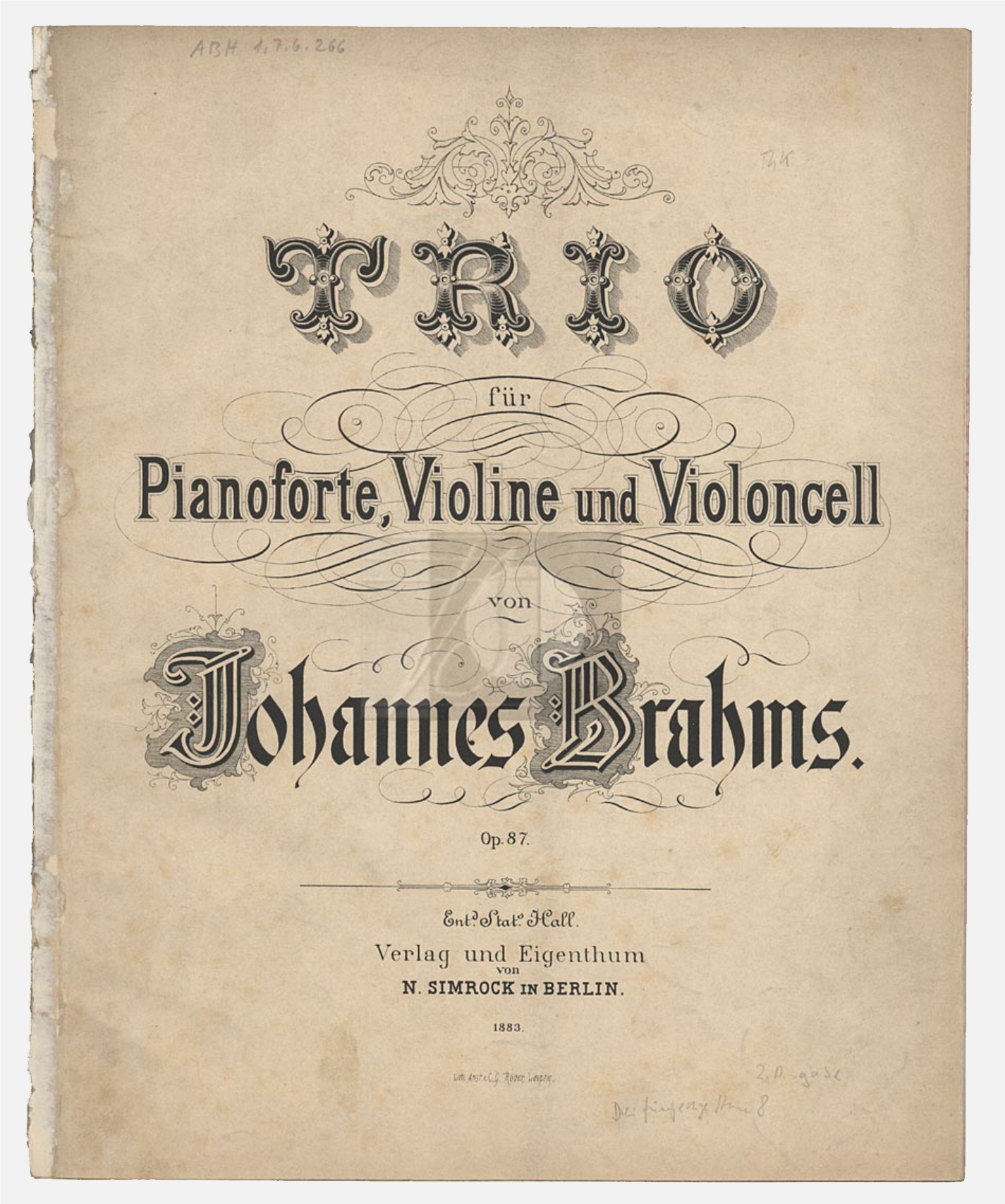 Page de couverture de la partition, première édition, N. Simrock, Berlin, 1882, Plate 8324, cliquer pour une vue agrandie