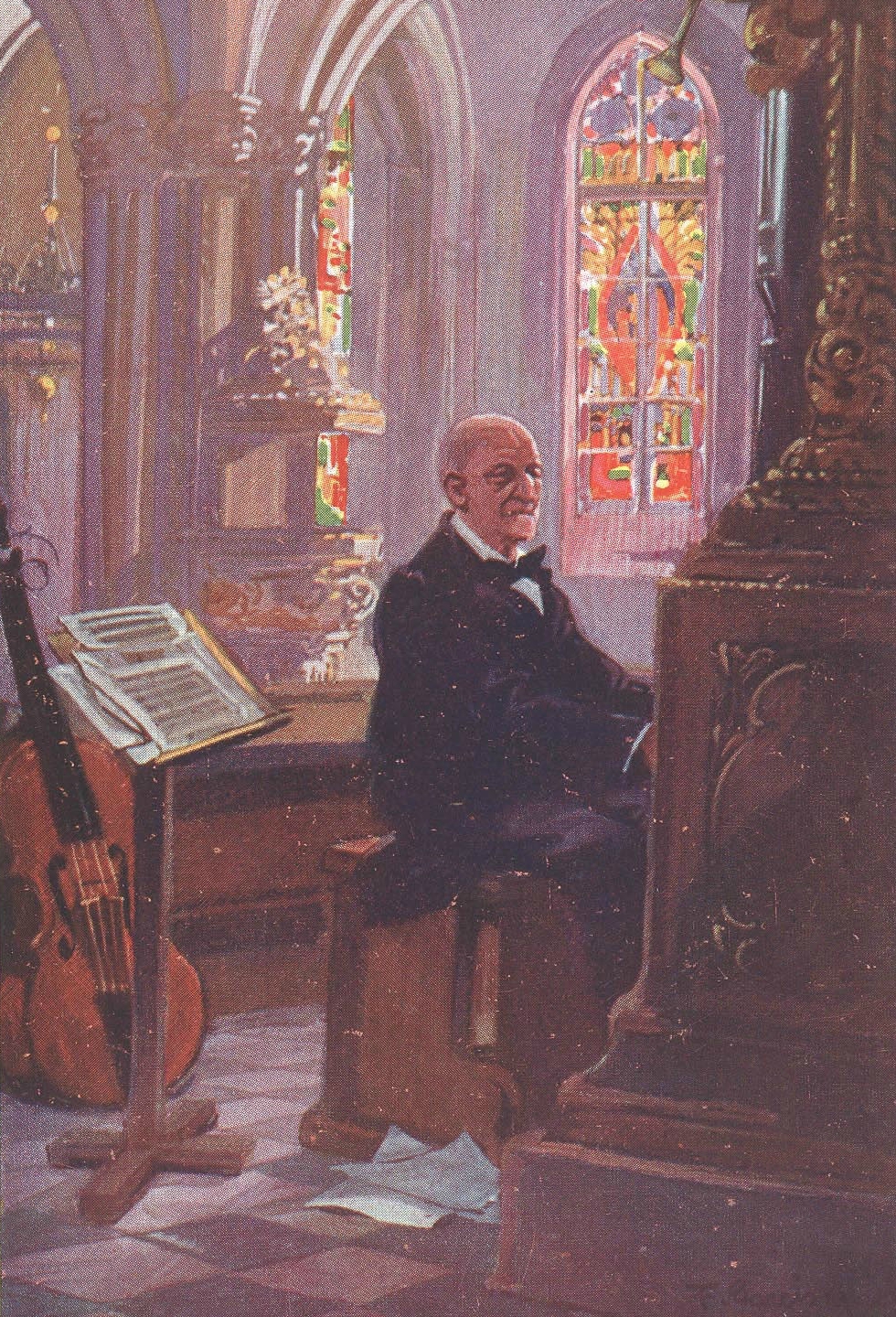 Anton BRUCKNER à l'orgue, carte postale «Bund der Deutschen in Nied. Oest., Geschäftsstelle Wien 7/1 Mariahilferstr 98, Karte Nr. 150», clicquer pour une vue agrandie