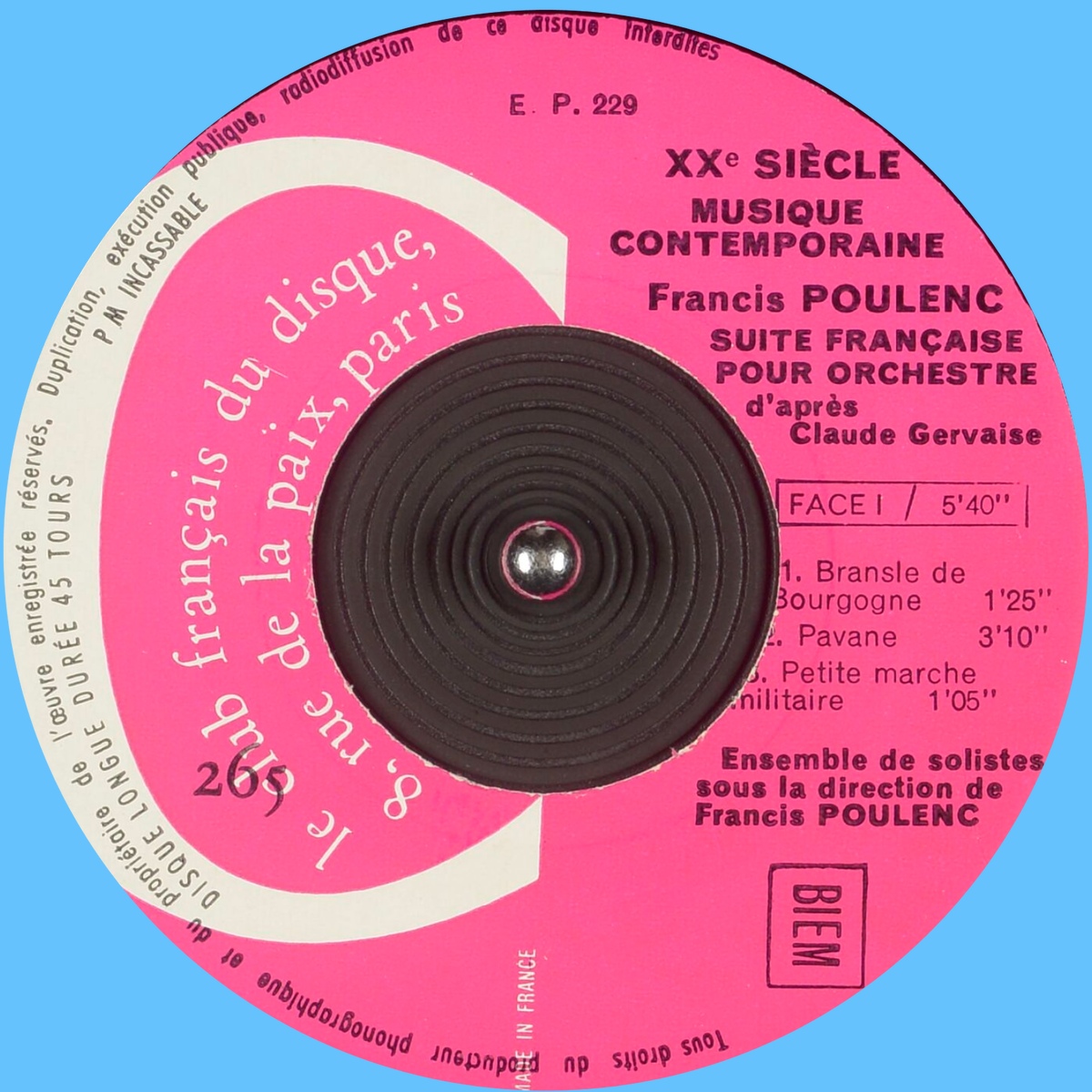 Recto disque CFD 265, Club Français du Disque