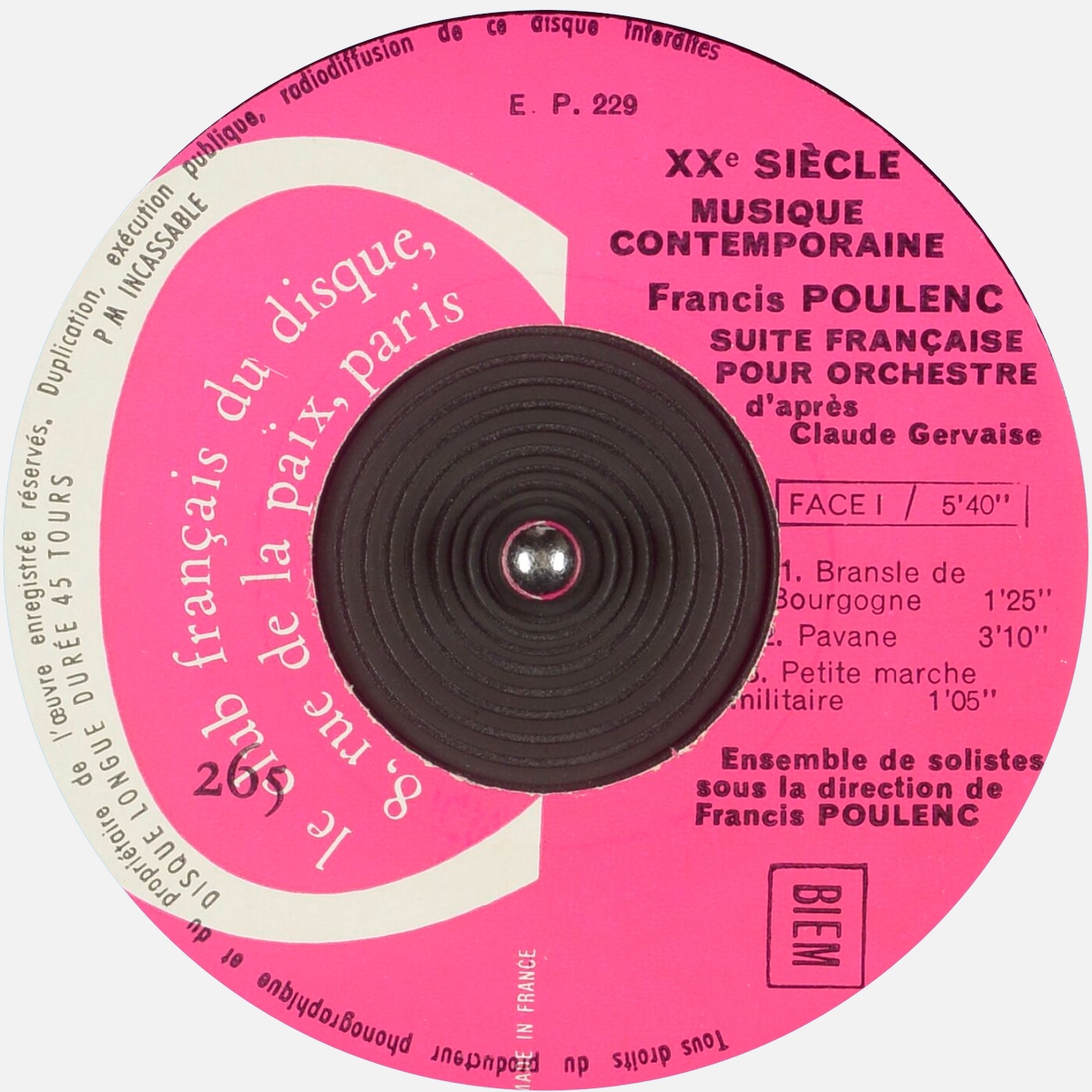 Étiquette recto, Club Français du disque 265 EP 229