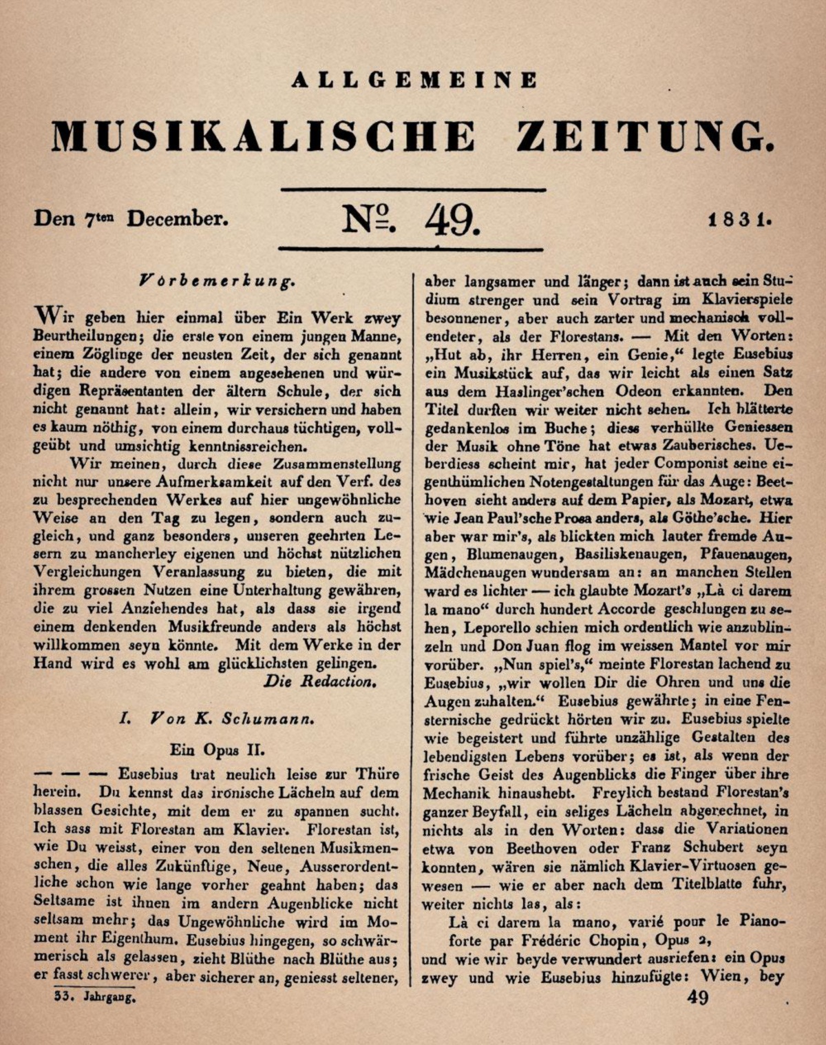 Texte de Robert Schumann sur l'opus 2 de Chopin publié dans l'«Allgemeine Musikalische Zeitung» du 07 décembre 1831