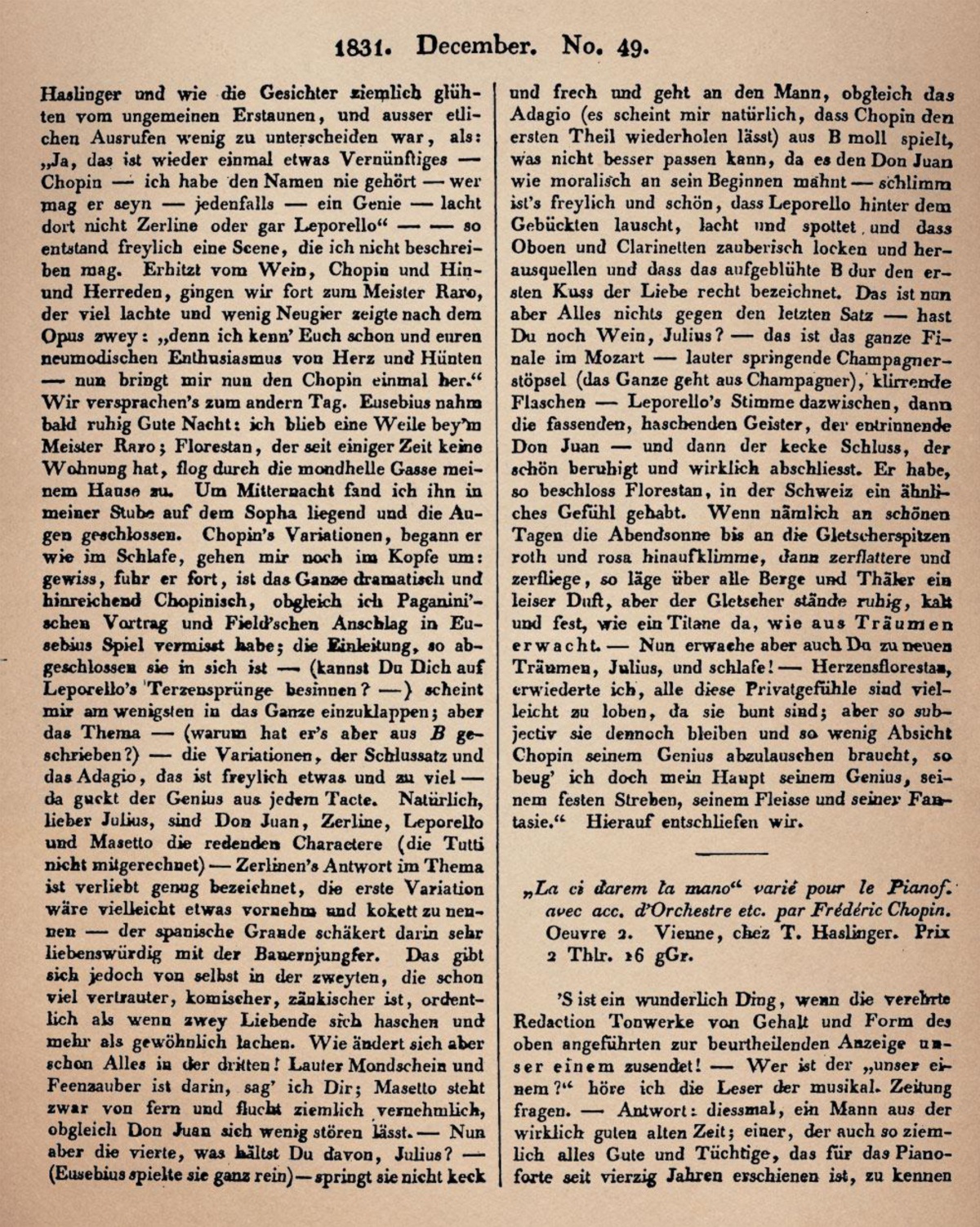 Texte de Robert Schumann sur l'opus 2 de Chopin publié dans l'«Allgemeine Musikalische Zeitung» du 07 décembre 1831