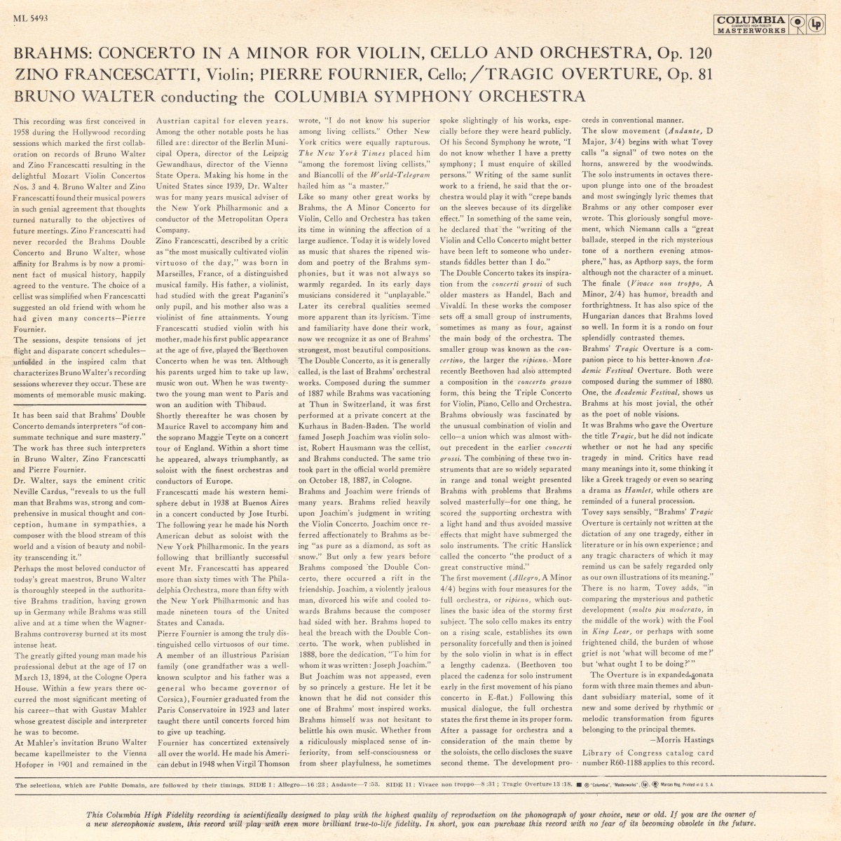 Verso de la pochette du disque Columbia Masterworks ML 5493