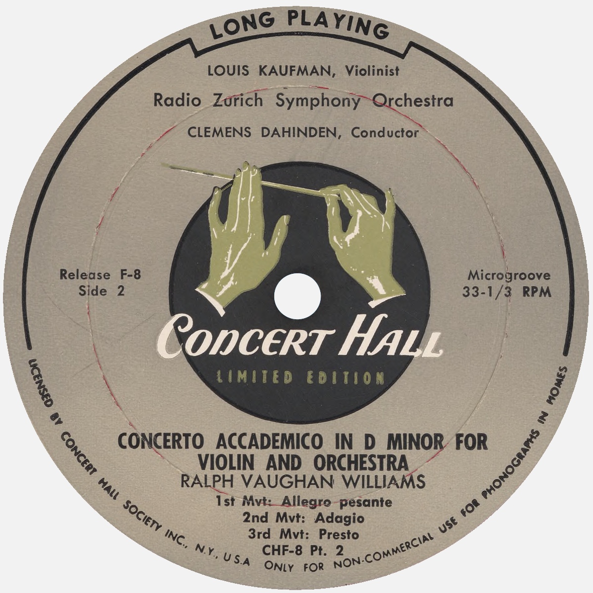 Étiquette verso du disque Concert Hall Society, Inc., Release F-8