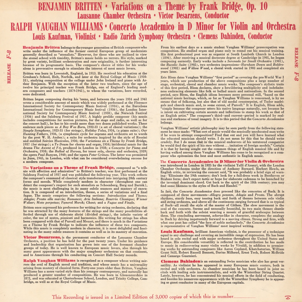 Verso de la pochette du disque Concert Hall Society, Inc., Release F-8