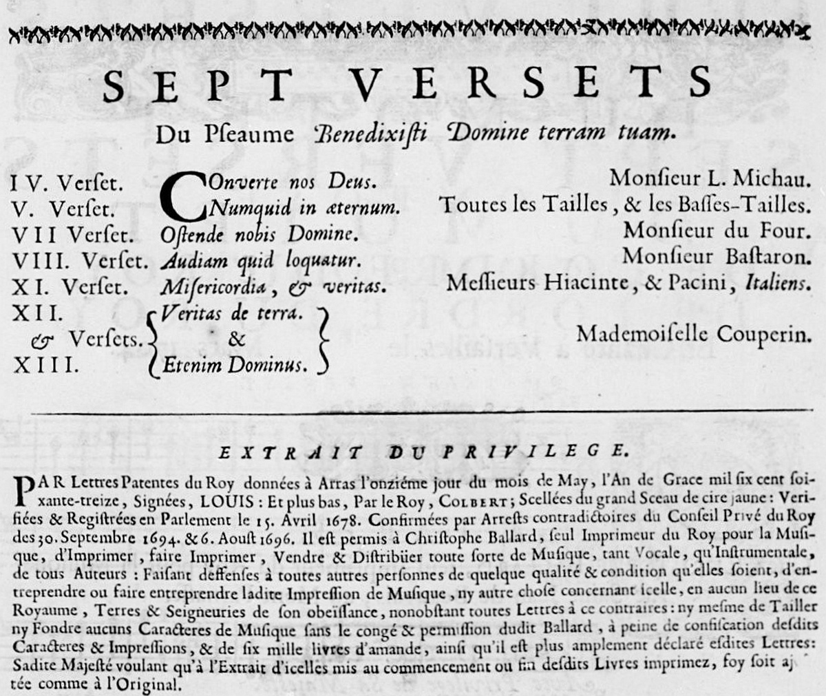 François COUPERIN, Sept Versets du Motet Composé de l'Ordre du Roy du Pseaume Benedixisti Domine terram tuam, Clicquer pour voir la partition