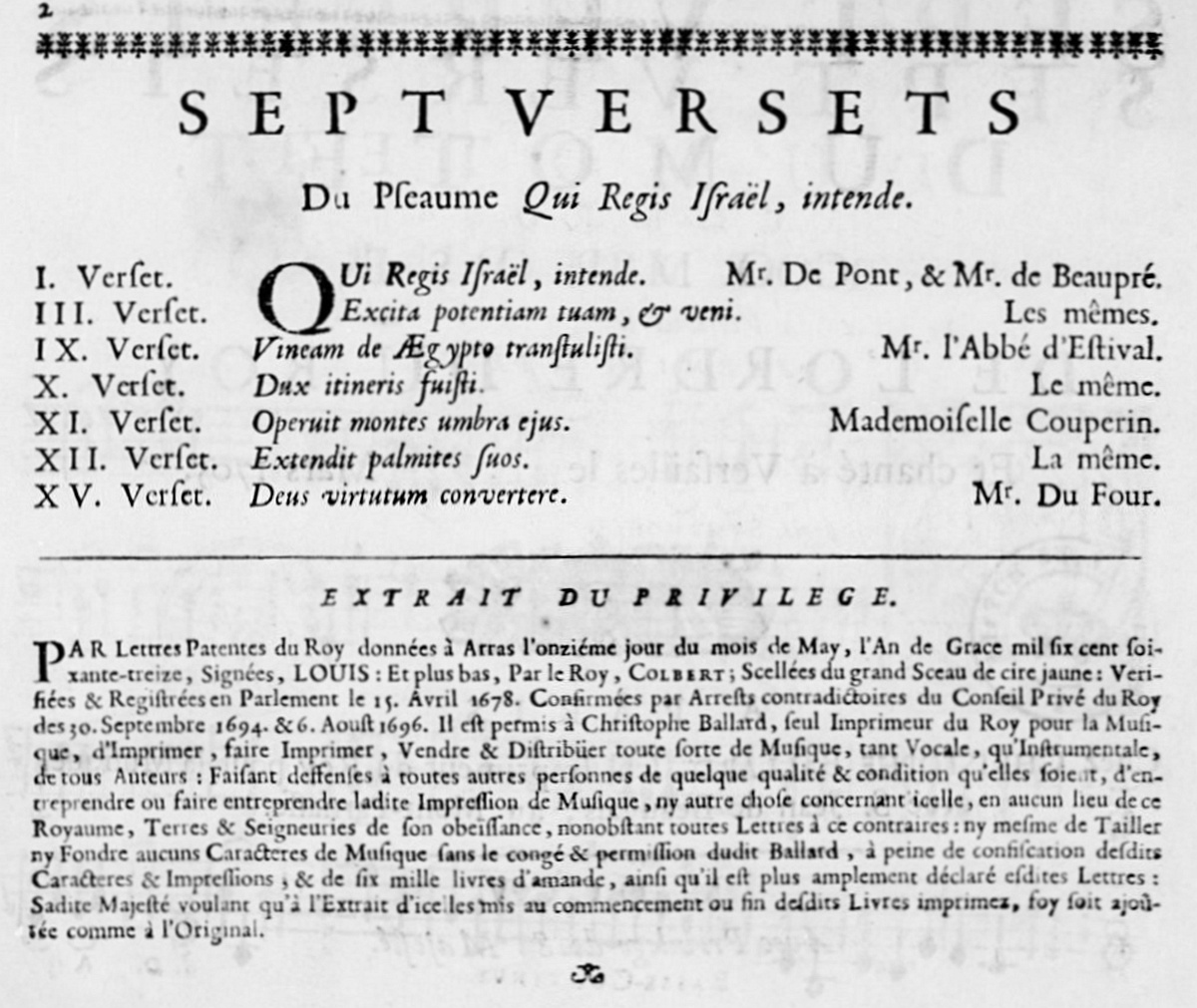 François COUPERIN, Sept versets (Psaume LXXIX) composé de l'ordre du roy de François Couperin (1ère exécution: Versailles, mars 1705. - 1ère éd.: Paris: C. Ballard, 1705), Clicquer pour voir la partition