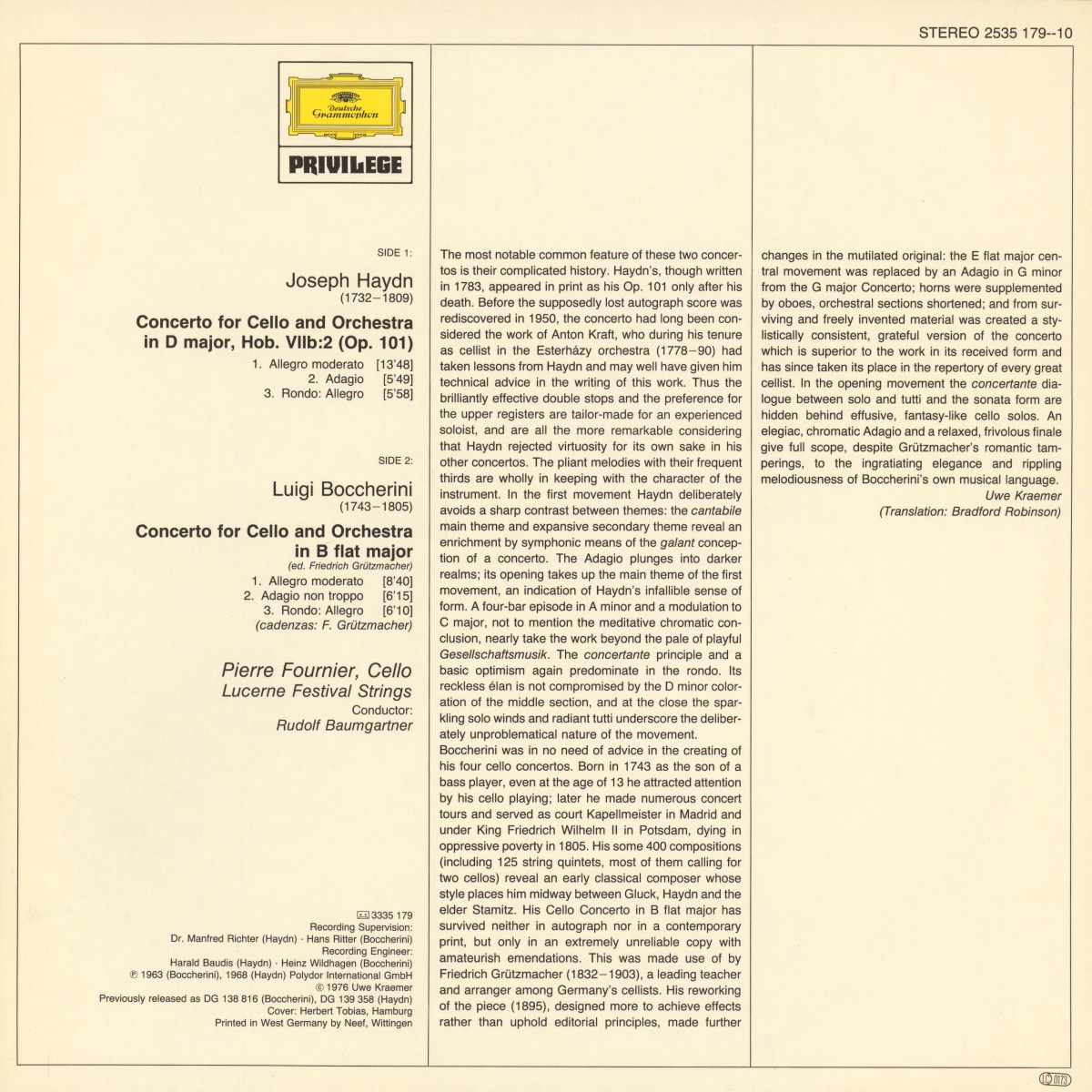 Verso de la pochette du disque Deutsche Grammophon 2535 179