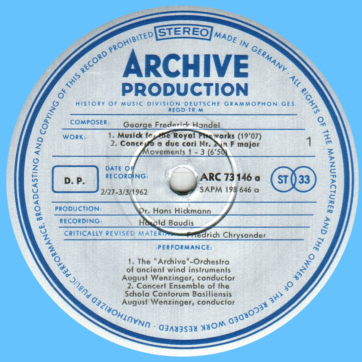 Étiquette recto disque Deutsche Grammophon Archive Production ARC 73146 198646 SAPM