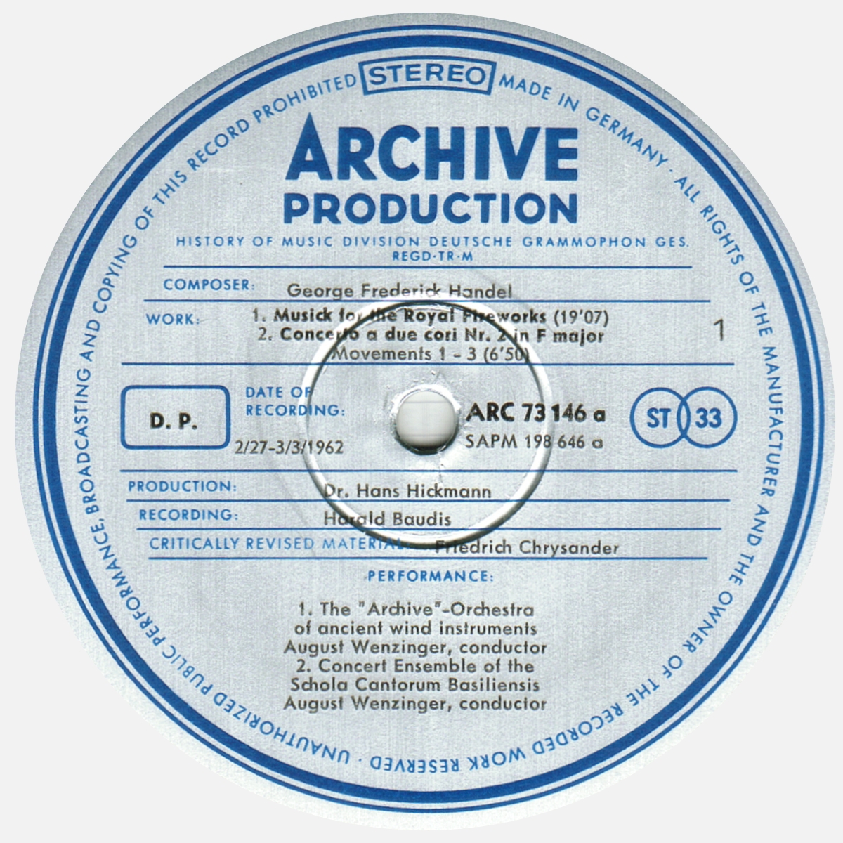 Étiquette recto disque Deutsche Grammophon Archive Production ARC 73146 198646 SAPM, cliquer pour une vue agrandie