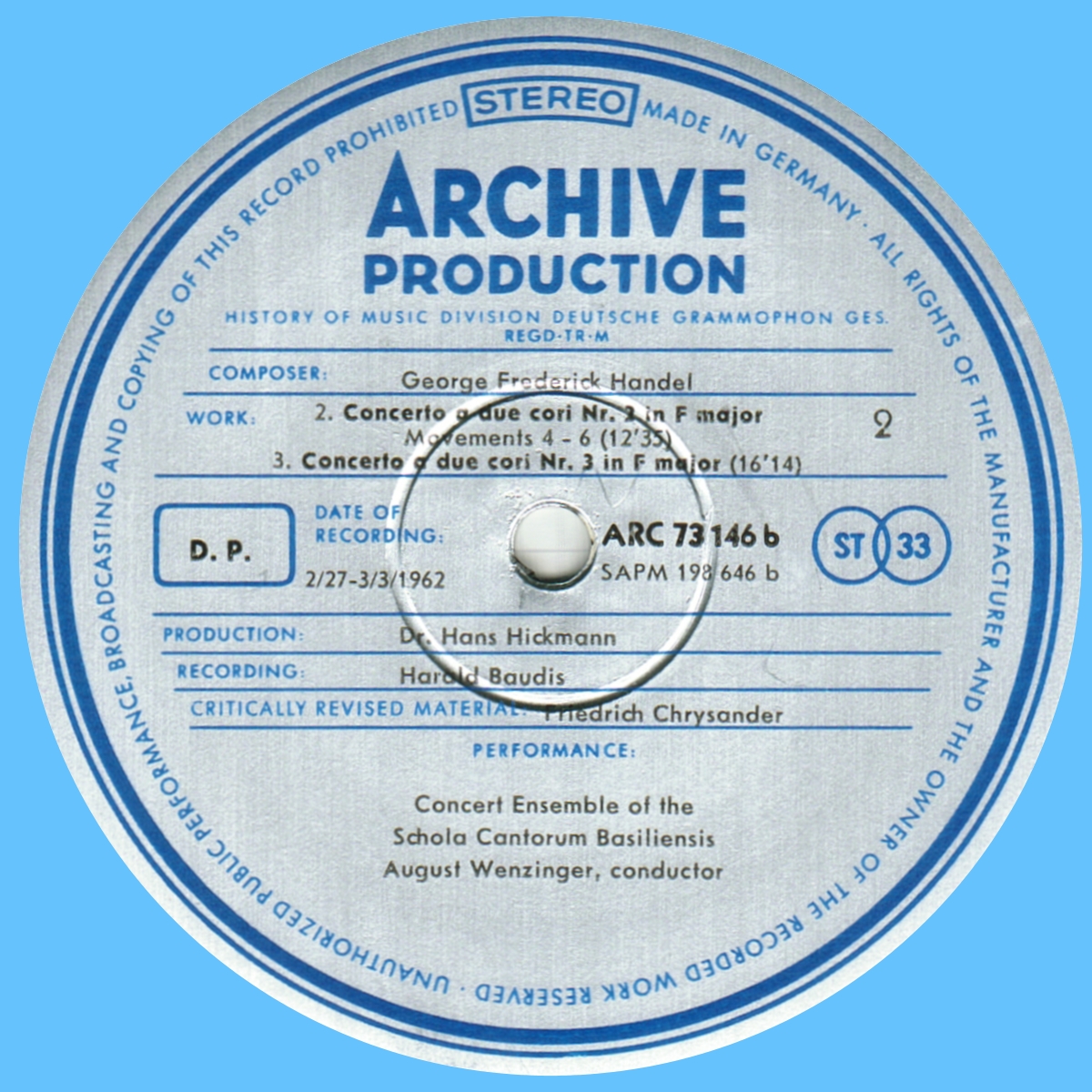 Étiquette verso disque Deutsche Grammophon Archive Production ARC 73146 198646 SAPM