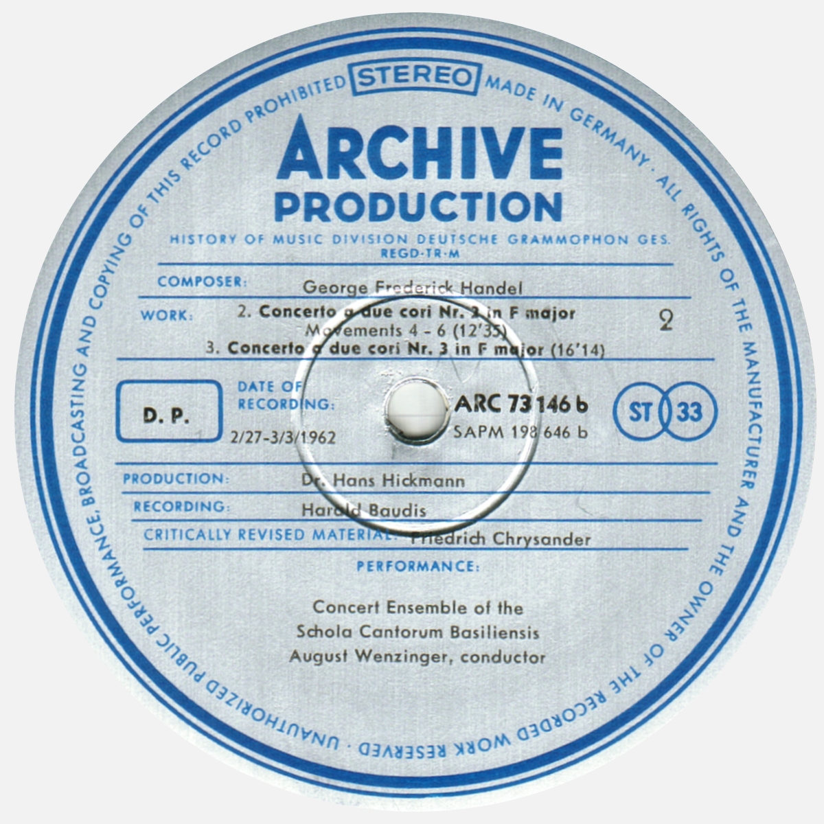 Étiquette verso disque Deutsche Grammophon Archive Production ARC 73146 198646 SAPM, cliquer pour une vue agrandie