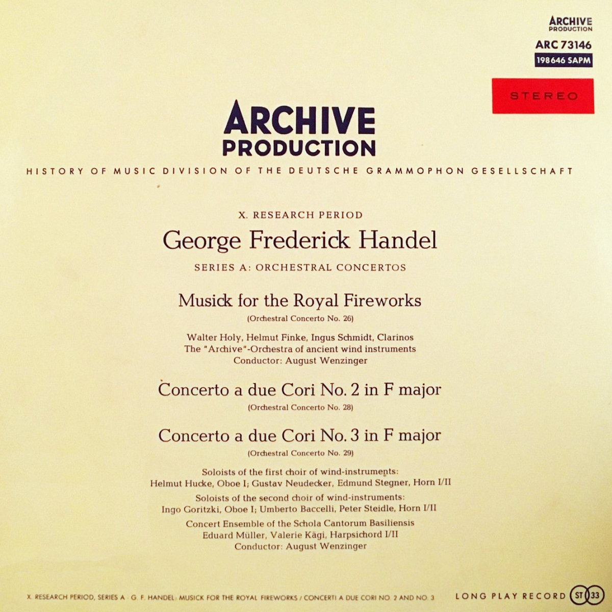 Recto pochette disque Deutsche Grammophon Archive Production ARC 73146 198646 SAPM, cliquer pour une vue agrandie