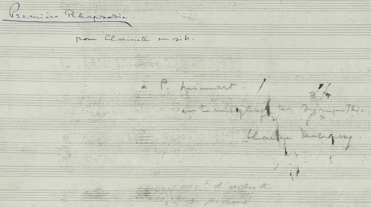 Claude Debussy, Rhapsodie pour clarinette et piano, dédicace de la partition, cliquer pour une vue agrandie