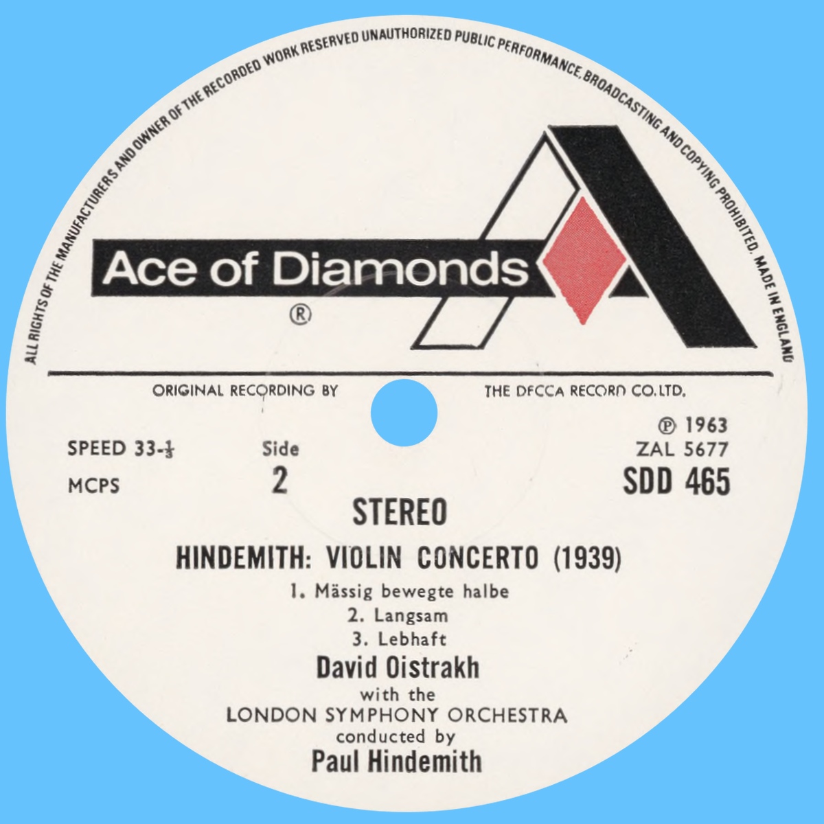 Étiquette verso du disque Decca Ace Of Diamonds SDD 465