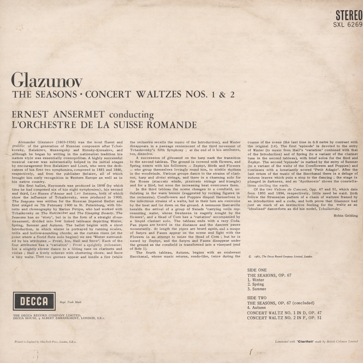 Verso de la pochette du disque Decca SXL 6269
