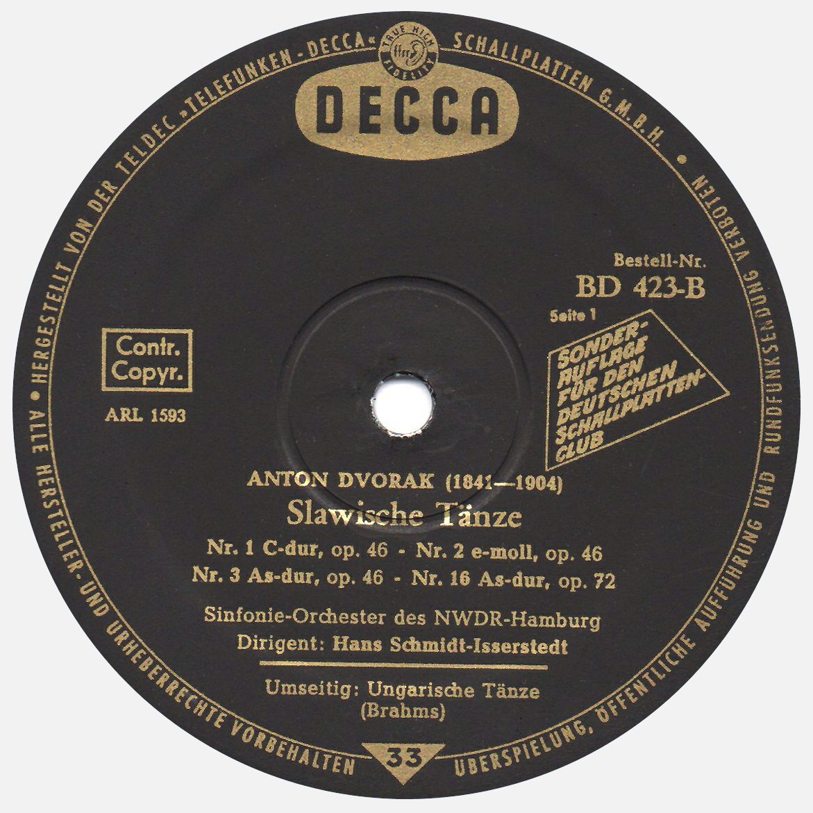 Disque Decca BD 423, édition «Deutscher Schallplattenclub», étiquette 1ère face, clicquer pour une vue agrandie