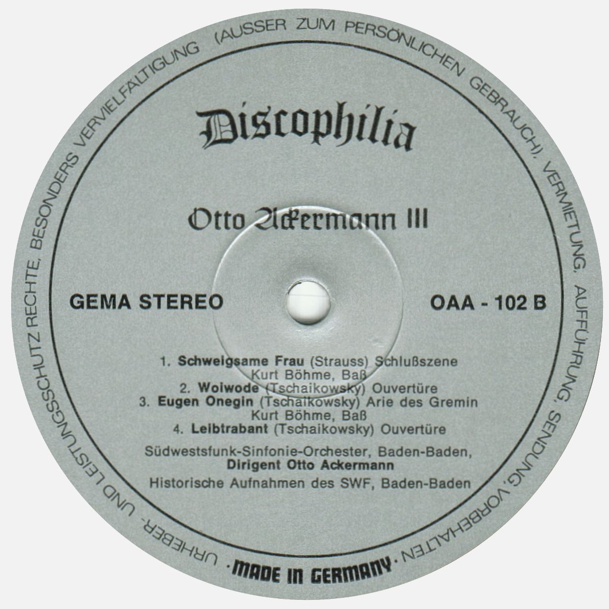 Discophilia OAA-102, Étiquette d'une des faces du disque, cliquer pour une vue agrandie