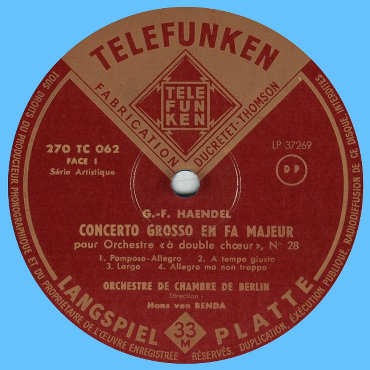 Disque 25cm Ducretet Thomson / Telefunken 270 TC 062, Étiquette face recto