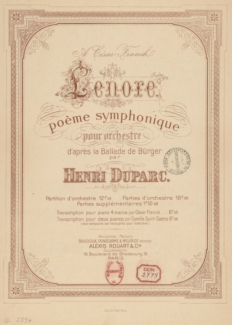 Henri DUPARC, page de garde de la partition de LÉNORE