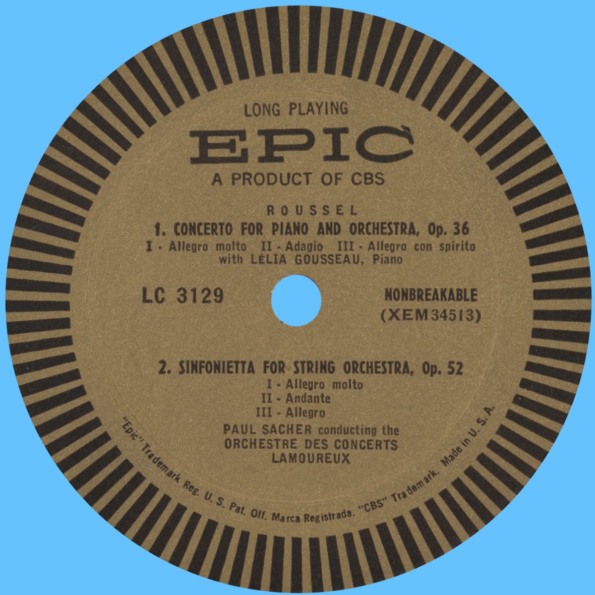 Étiquette verso du disque EPIC LC 3129