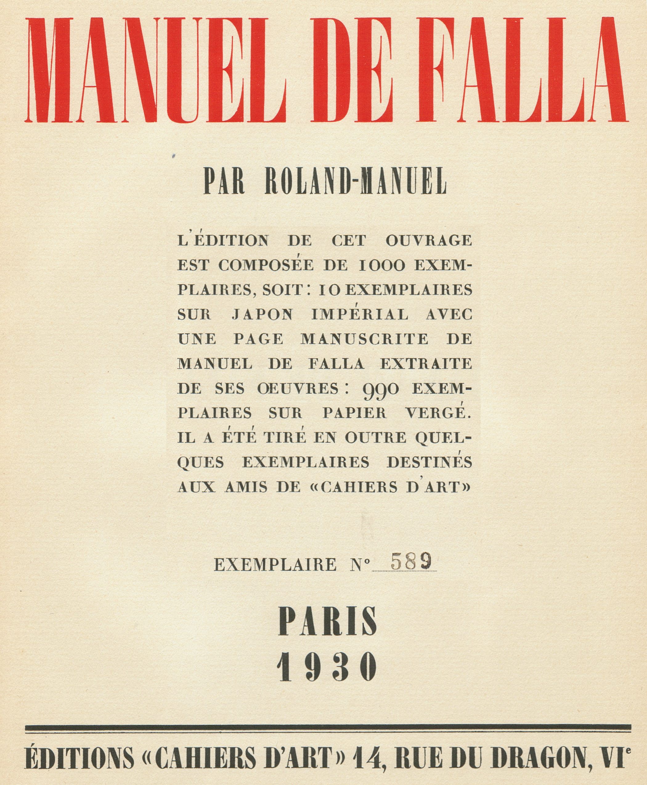 Manuel de FALLA, Montage page titre de l'ouvrage de Roland_Manuel, «MANUEL DE FALLA», 1ère édition Paris 1930, No 589 de 990, cliquer pour une vue agrandie
