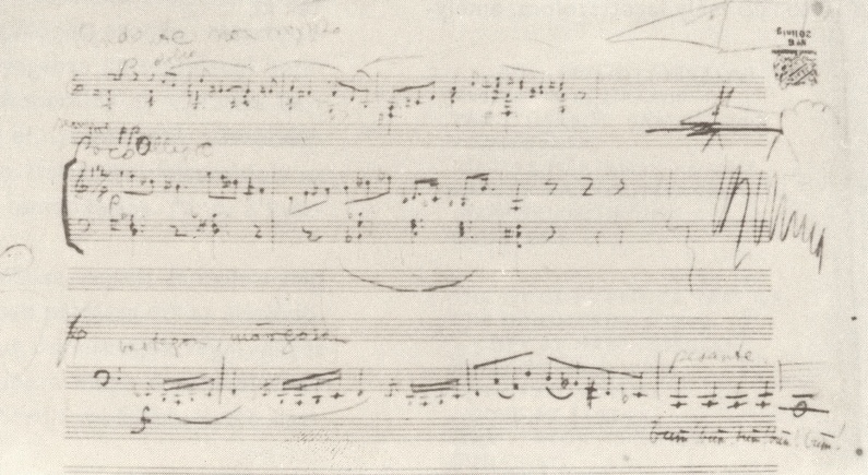 Une feuille de grands traits esquissant les thèmes du concerto pour violon de 1907, manuscrit original
