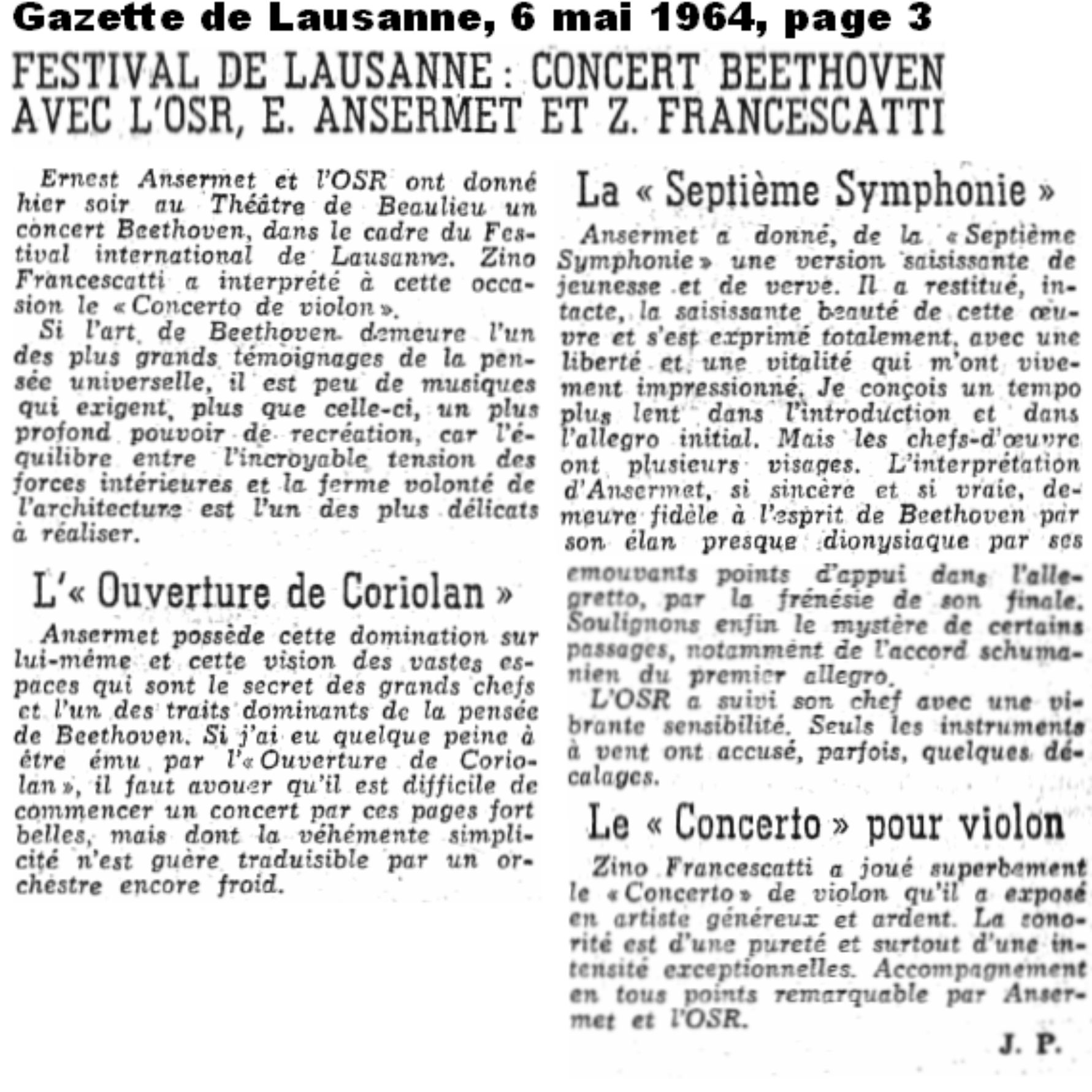 extrait Gazette de Lausanne (6 mai 1964 en page 3), clicquer pour une vue agrandie